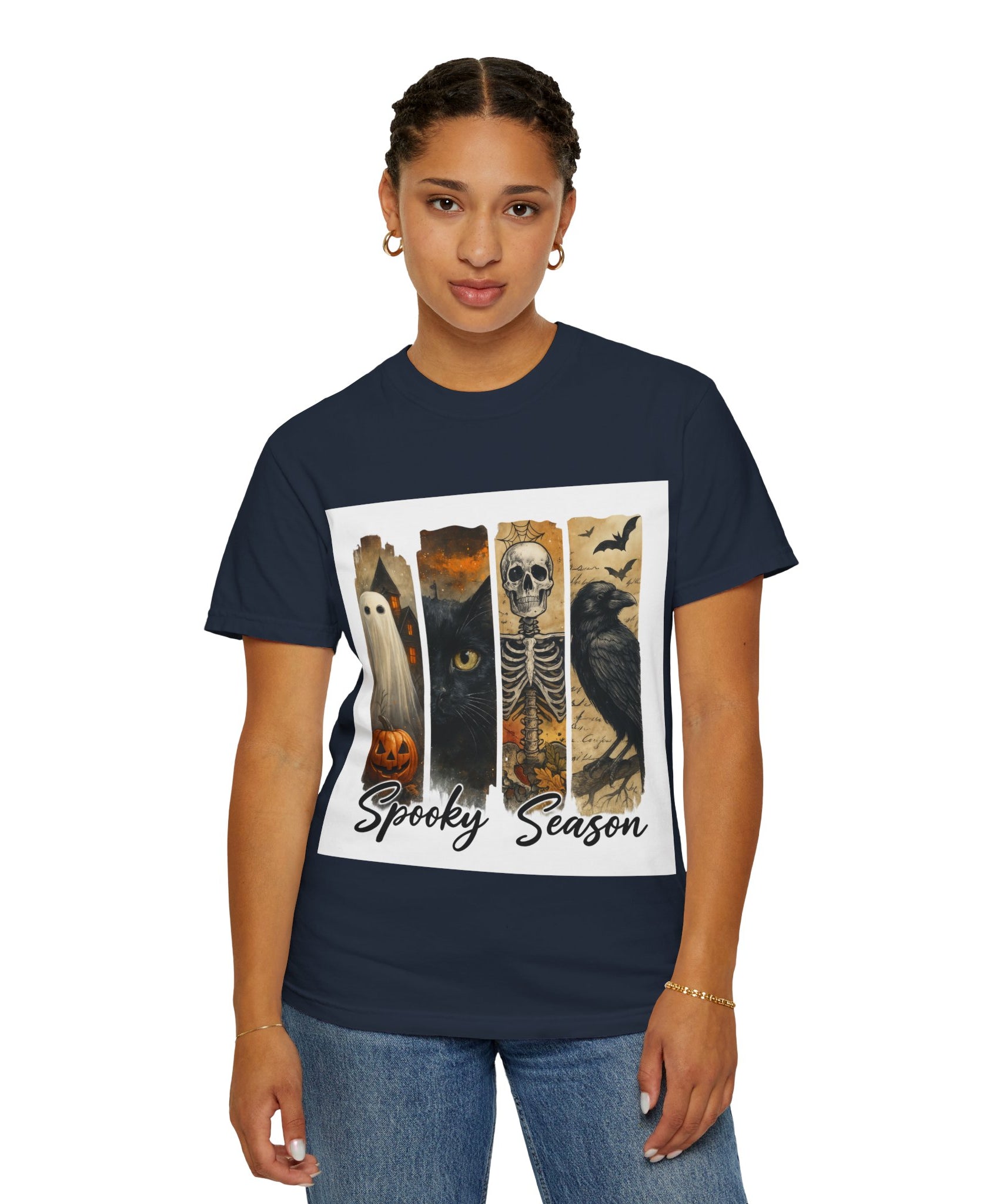 Spooky Season Gothic Halloween T-Shirt – Ghost, Black Cat, Skeleton & Raven Design - Gallory Hive