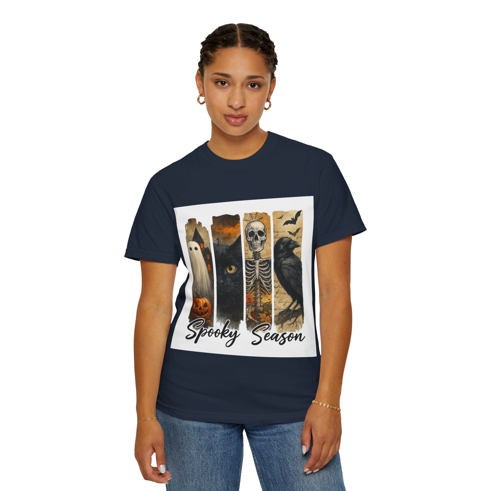 Spooky Season Gothic Halloween T-Shirt – Ghost, Black Cat, Skeleton & Raven Design