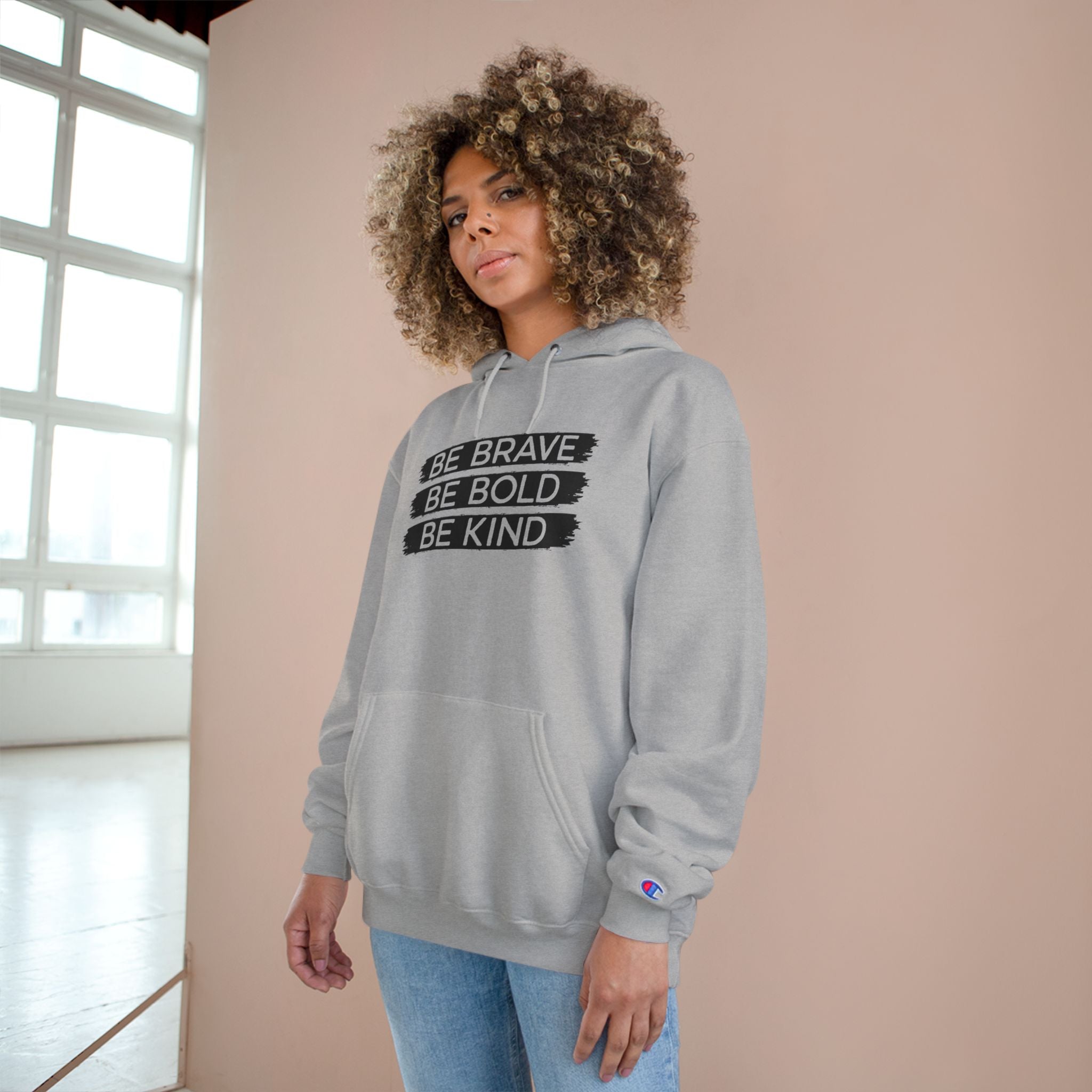 Champion Hoodie - Bold, Brave, Kind Minimalist Hand Sign Print