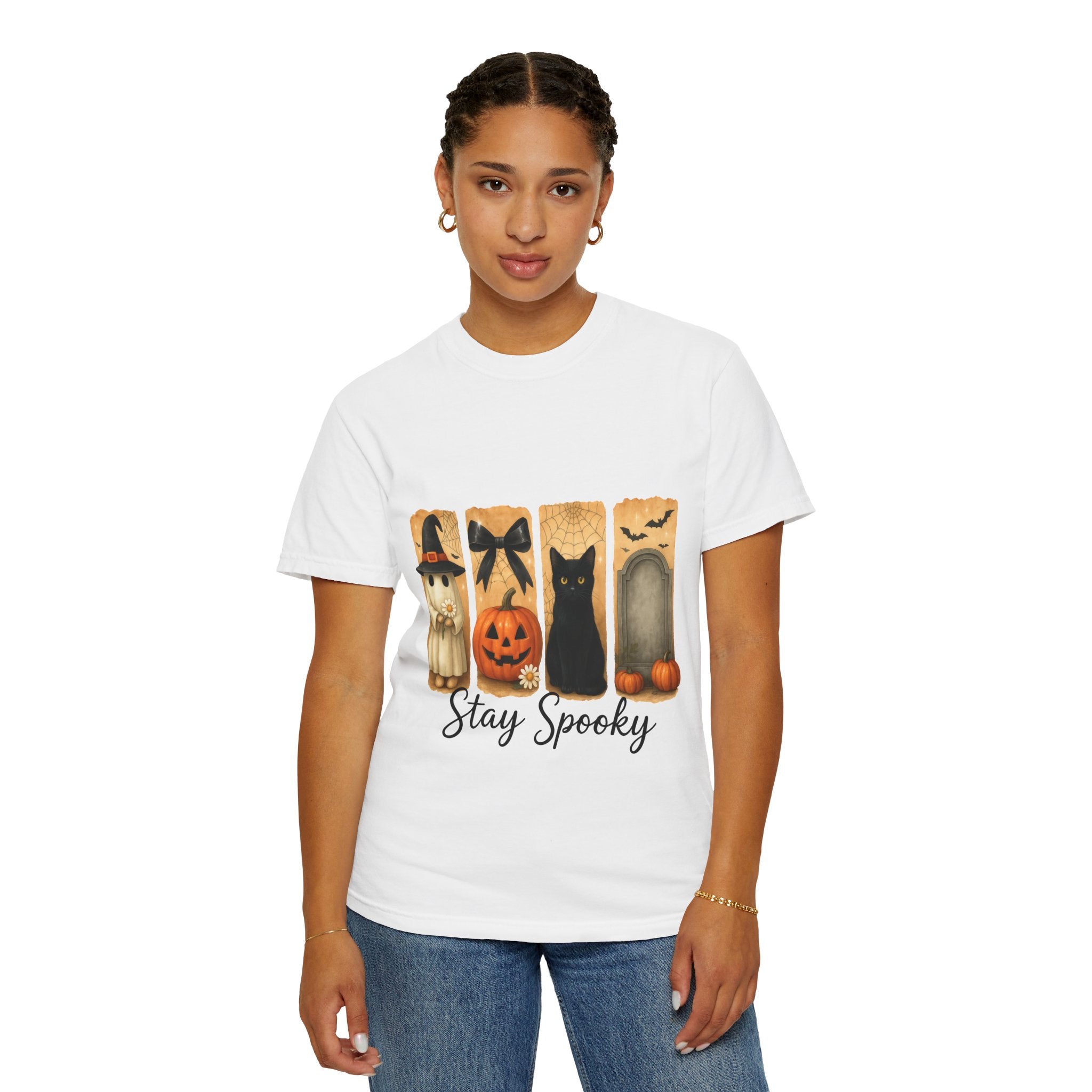 Cute Halloween T-Shirt – Ghost in Witch Hat, Pumpkin, Black Cat & Tombstone Design
