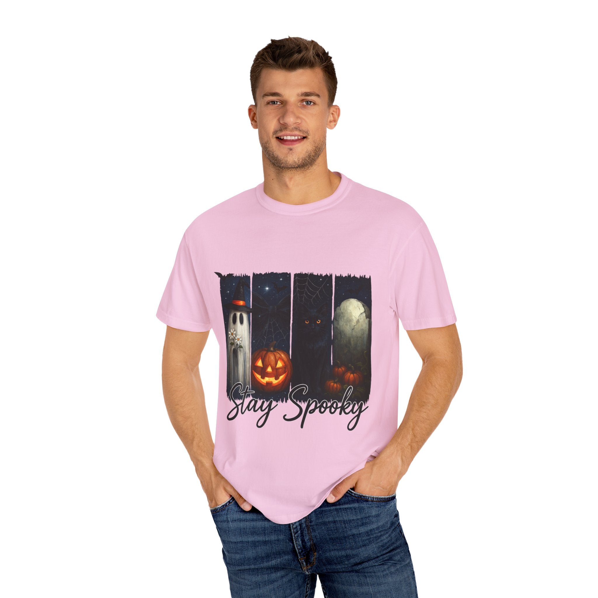 Stay Spooky Halloween T-Shirt – Cute Ghost, Black Cat, Pumpkin & Graveyard Design
