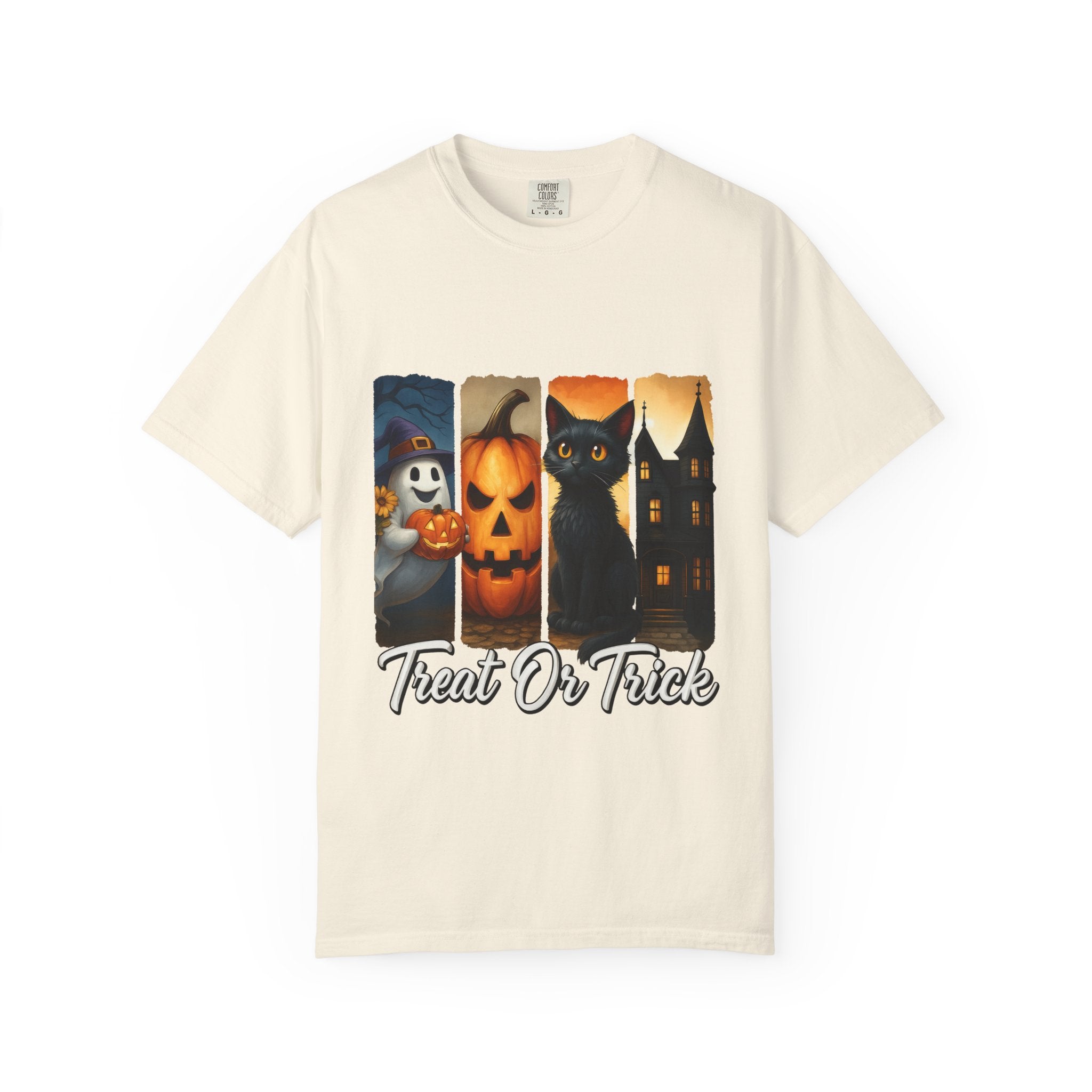 Treat Or Trick Halloween T-Shirt – Cute Ghost, Pumpkin, Black Cat & Haunted House Design