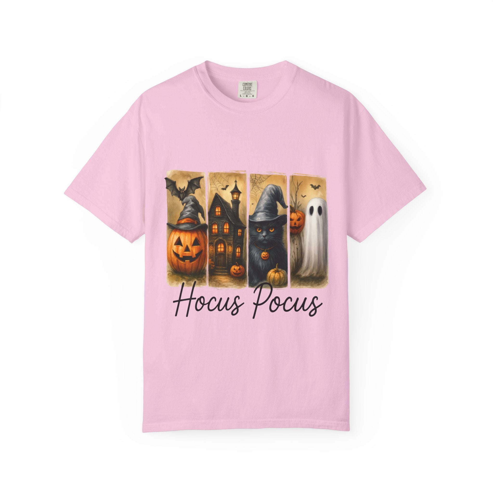 Hocus Pocus Halloween Unisex T-Shirt – Witchy Cat, Haunted House, Pumpkin & Ghost Art