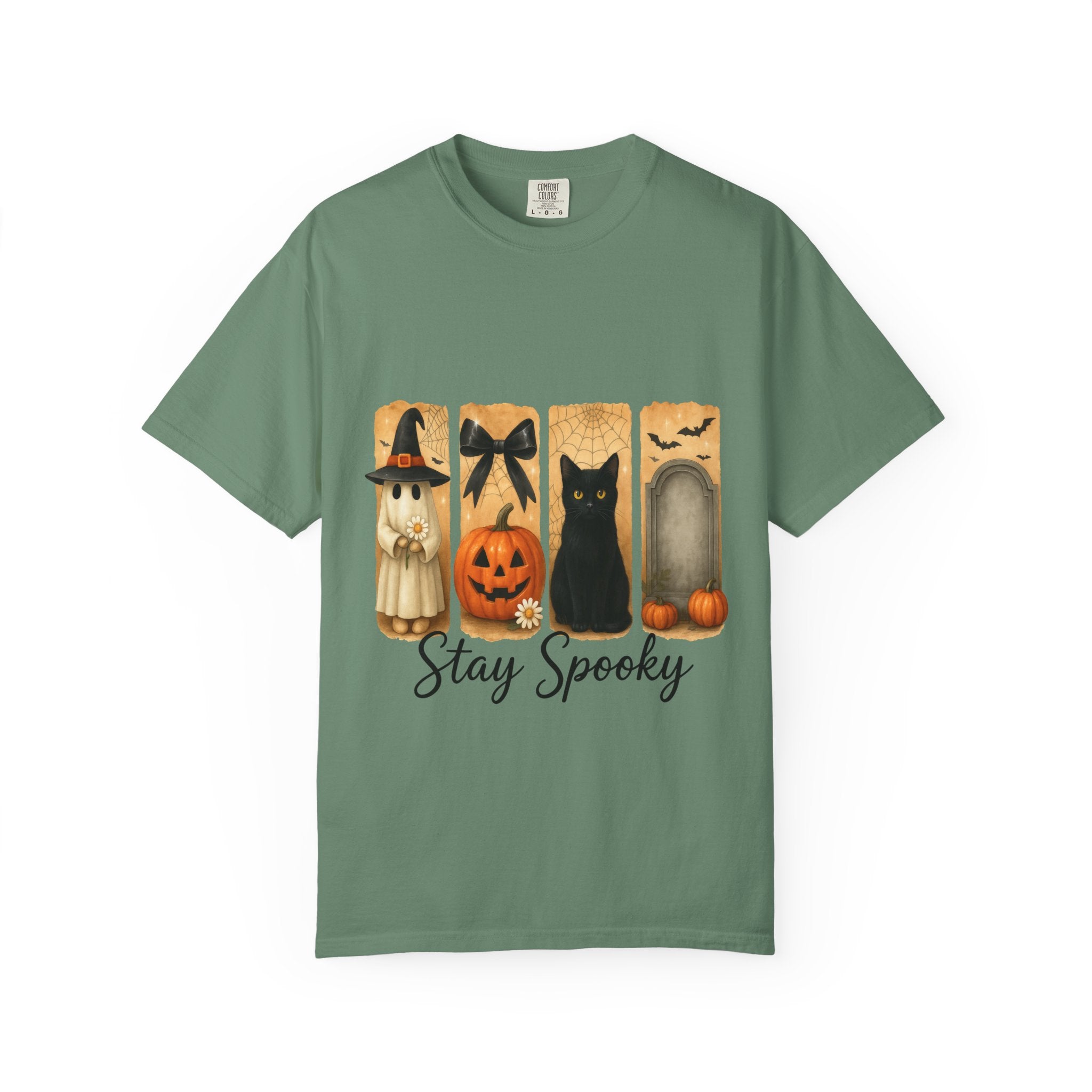 Cute Halloween T-Shirt – Ghost in Witch Hat, Pumpkin, Black Cat & Tombstone Design