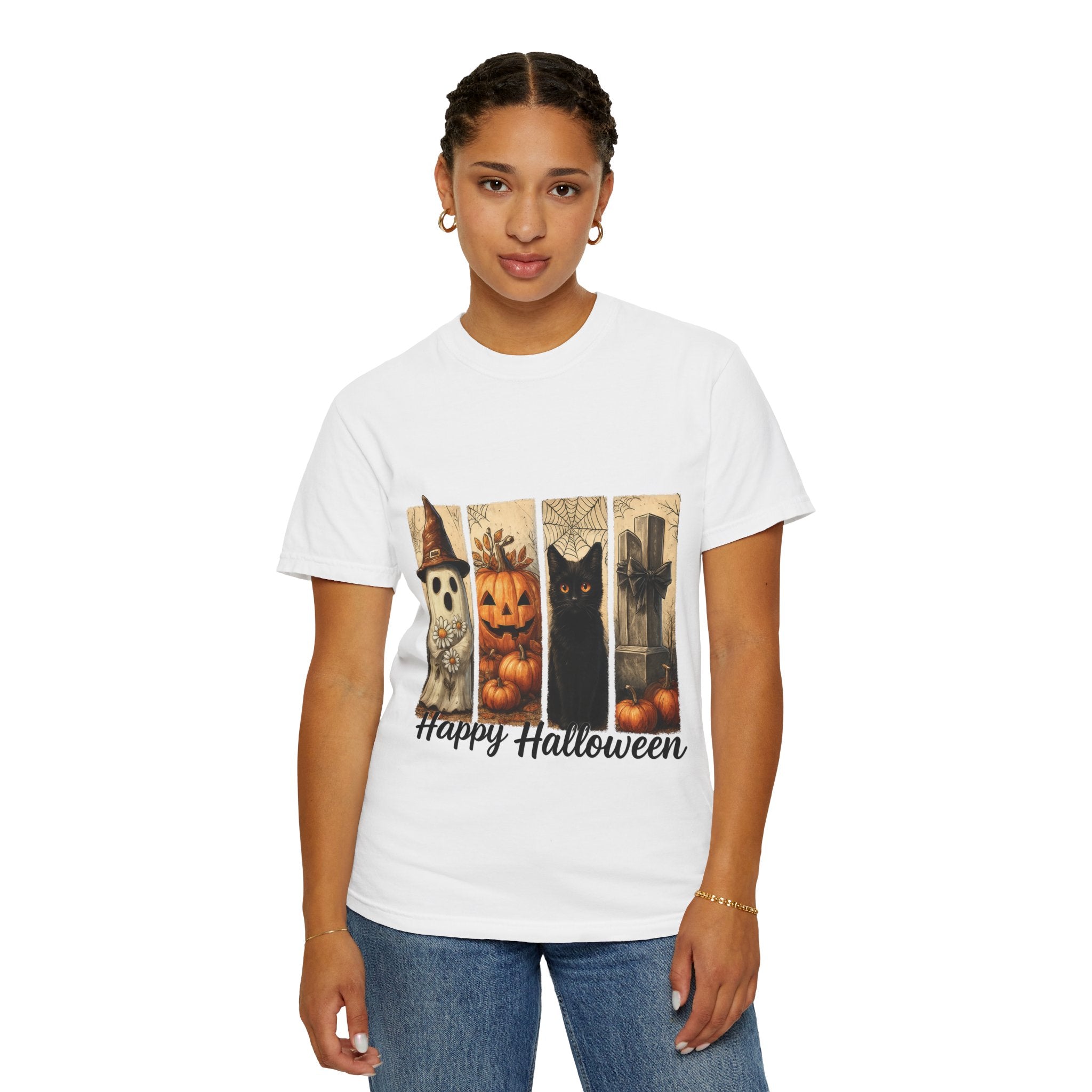 Happy Halloween Unisex T-Shirt – Ghost, Black Cat & Pumpkin Graphic Tee - Gallory Hive
