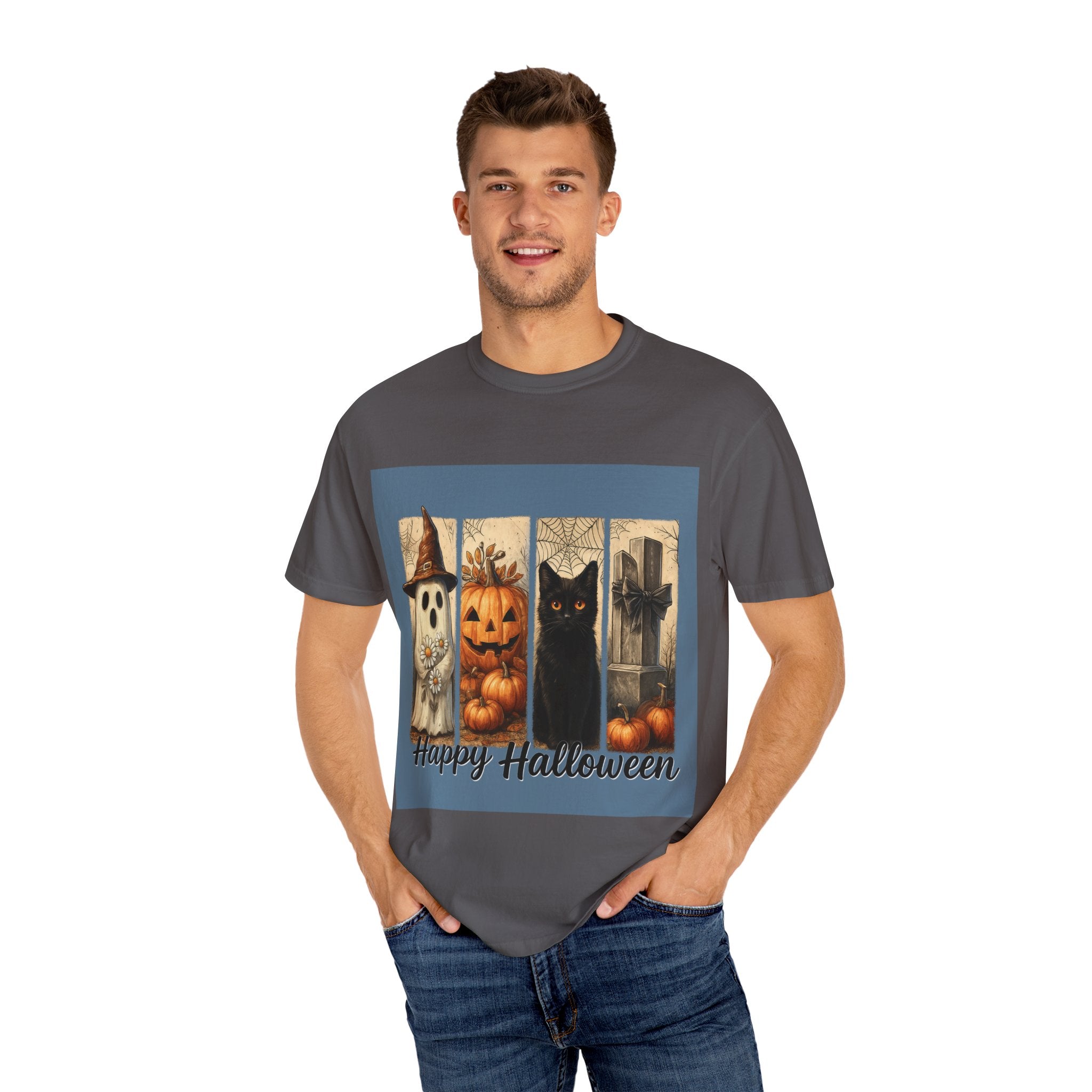 Happy Halloween Unisex T-Shirt – Ghost, Black Cat & Pumpkin Graphic Tee - Gallory Hive