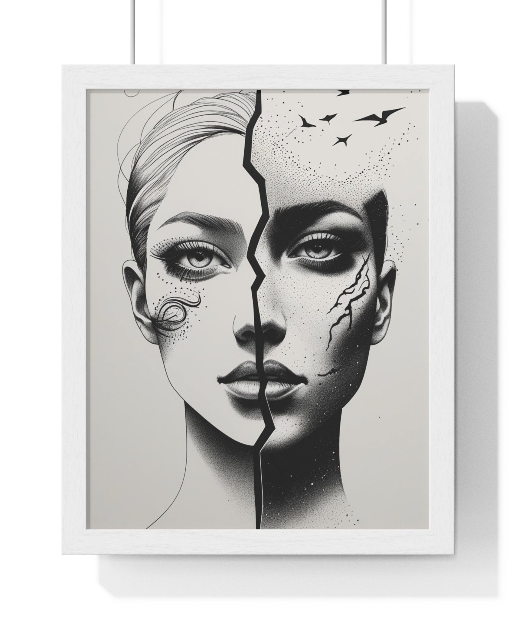 Vertical Framed Poster, Artistic Split Face Poster, Abstract Wall Art, Modern Home Decor, Unique Gift for Art Lovers, Stylish Room - Gallory Hive