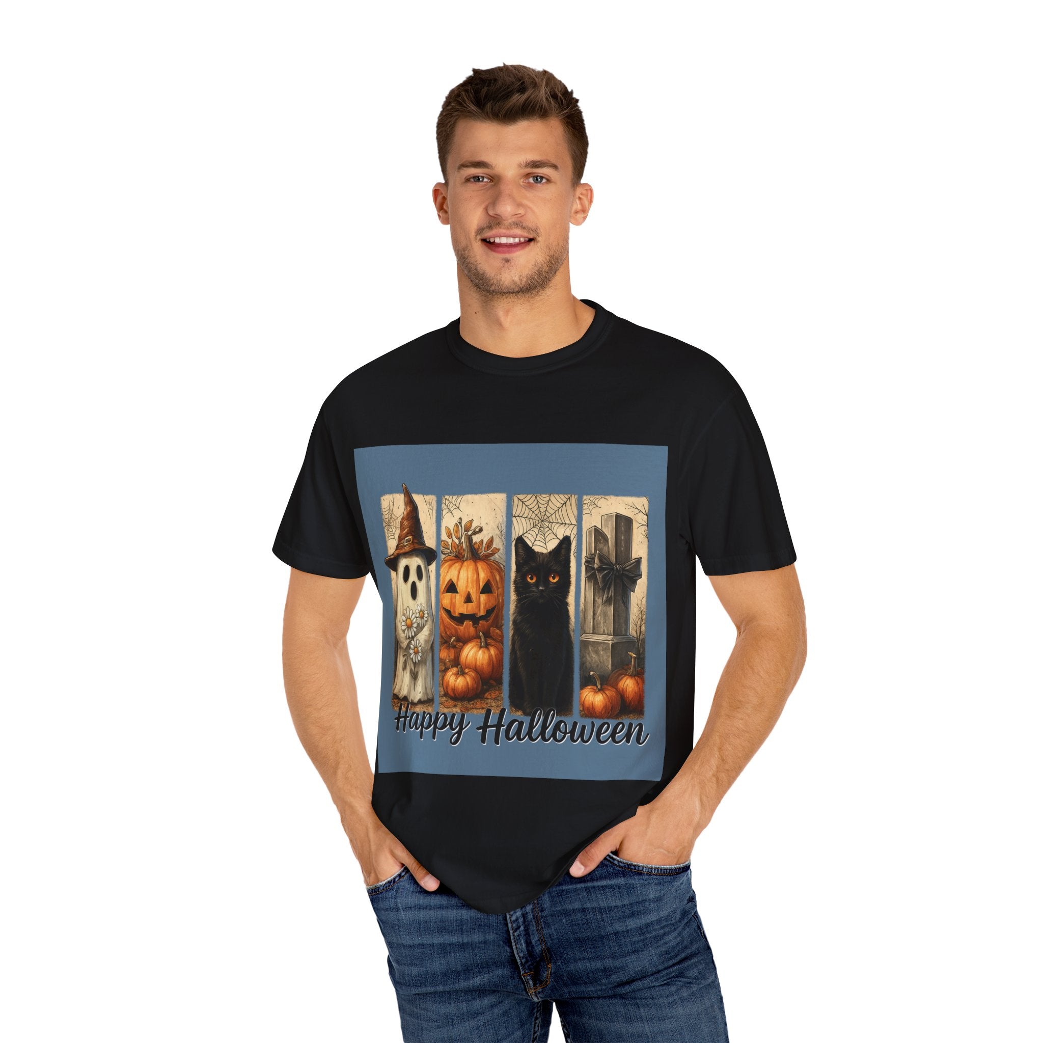 Happy Halloween Unisex T-Shirt – Ghost, Black Cat & Pumpkin Graphic Tee