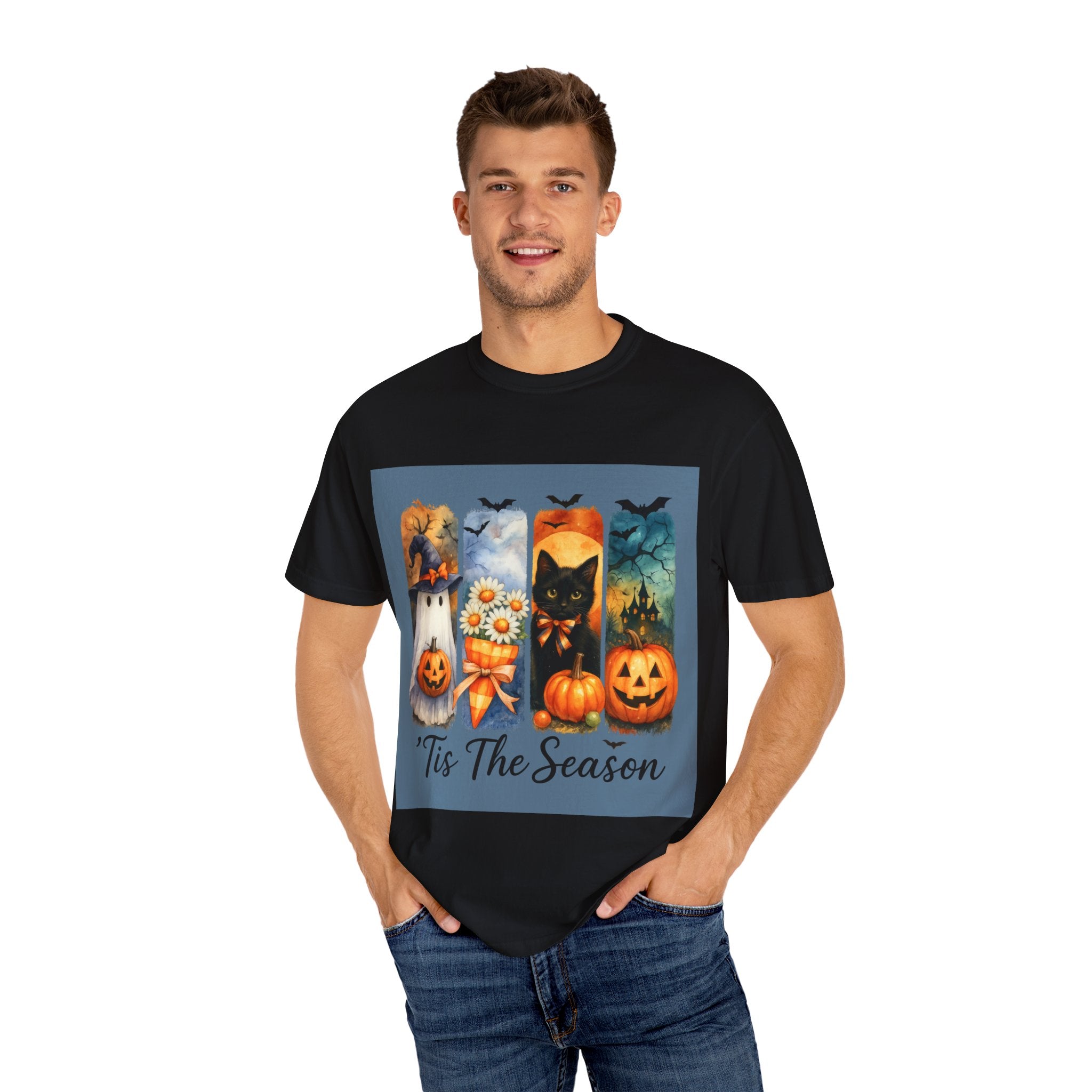 Whimsical Halloween T-Shirt – Ghost, Black Cat, Pumpkins & Haunted House Design