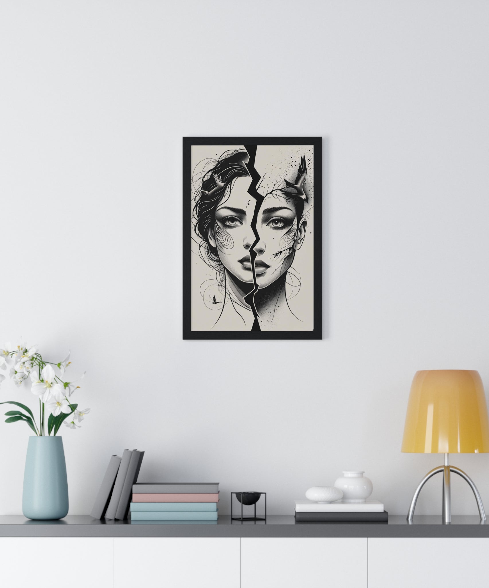 Vertical Framed Poster, Women Split Face Home Decor Art Modern Wall Unique Gift Inspirational Artwork, Wall Hanging Art Print - Gallory Hive