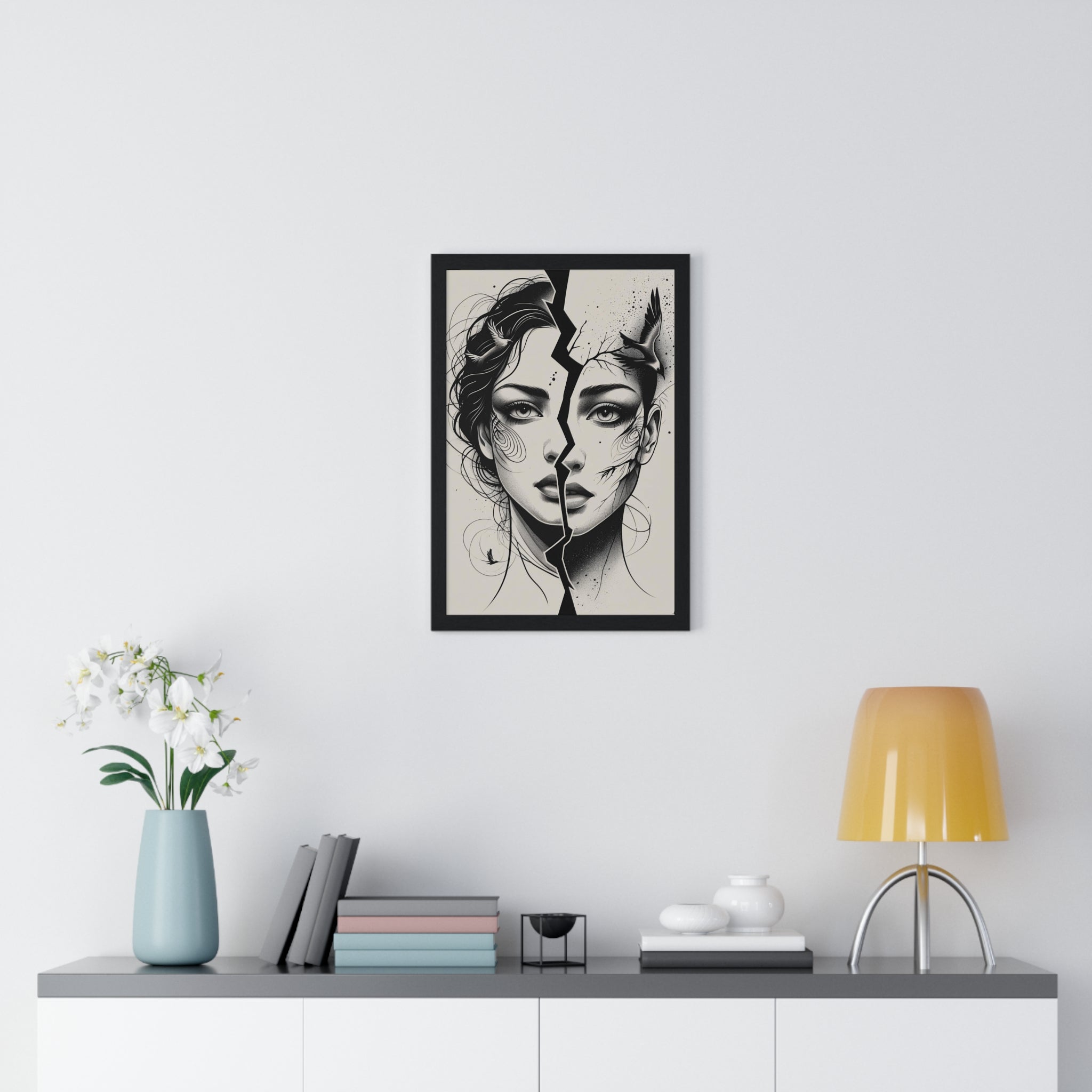 Vertical Framed Poster, Women Split Face Home Decor Art Modern Wall Unique Gift Inspirational Artwork, Wall Hanging Art Print