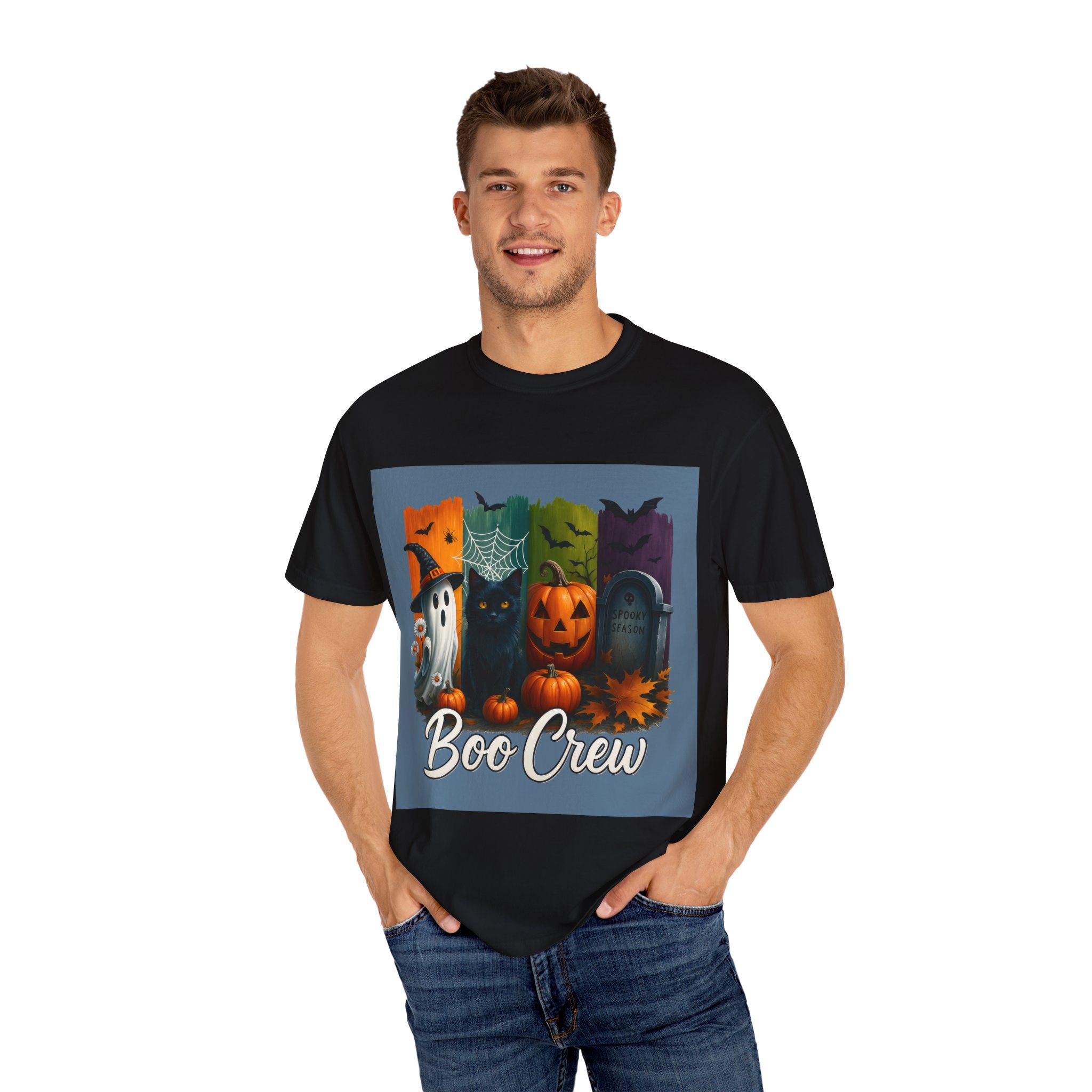 Boo Crew Halloween Unisex T-Shirt – Cute Ghost, Black Cat, Pumpkin & Tombstone Design