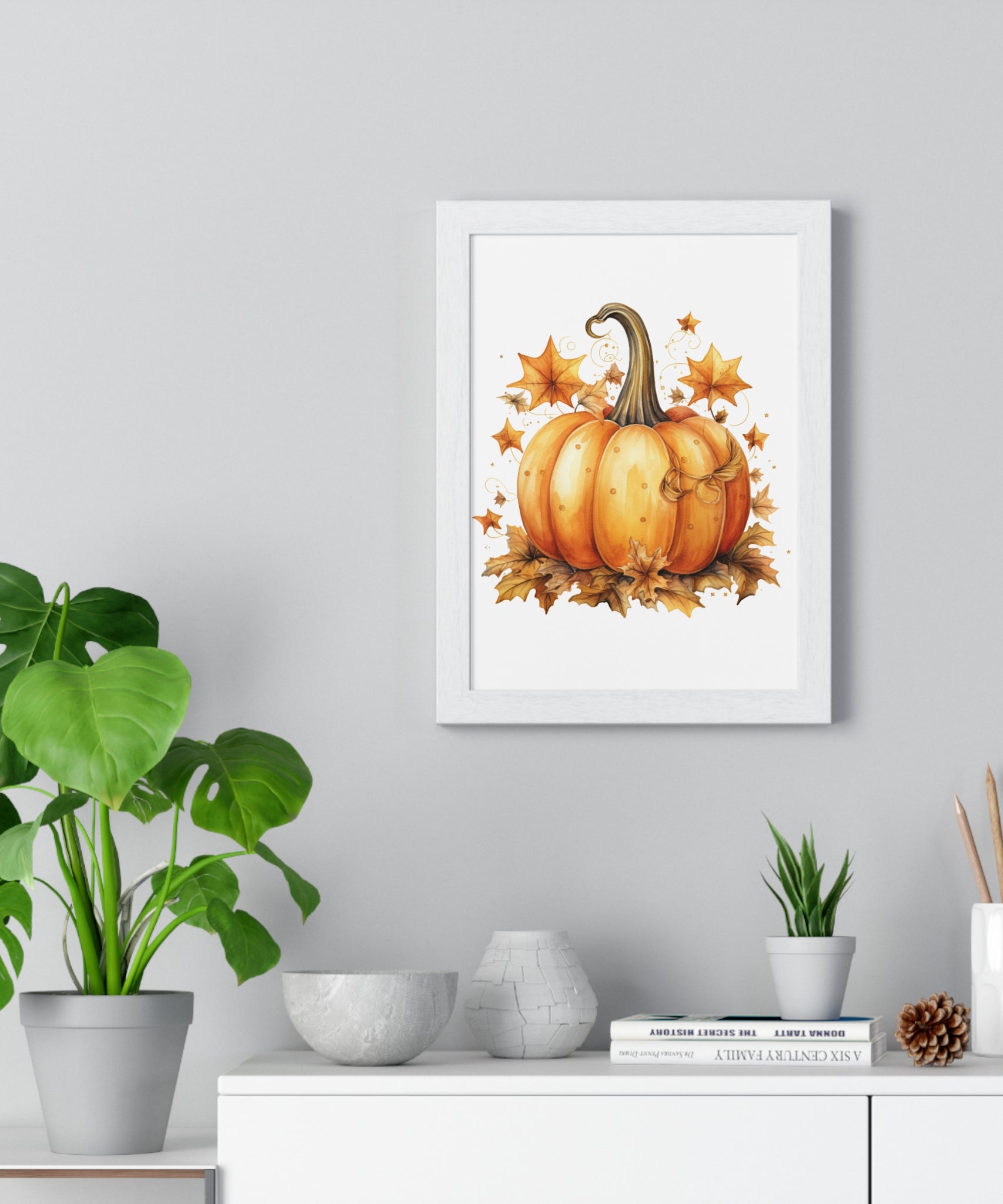 Decorative Autumn Pumpkin Wall Art – Bow-Tied Harvest Poster with Leaves & Swirls | Wooden Frame Fall Decor