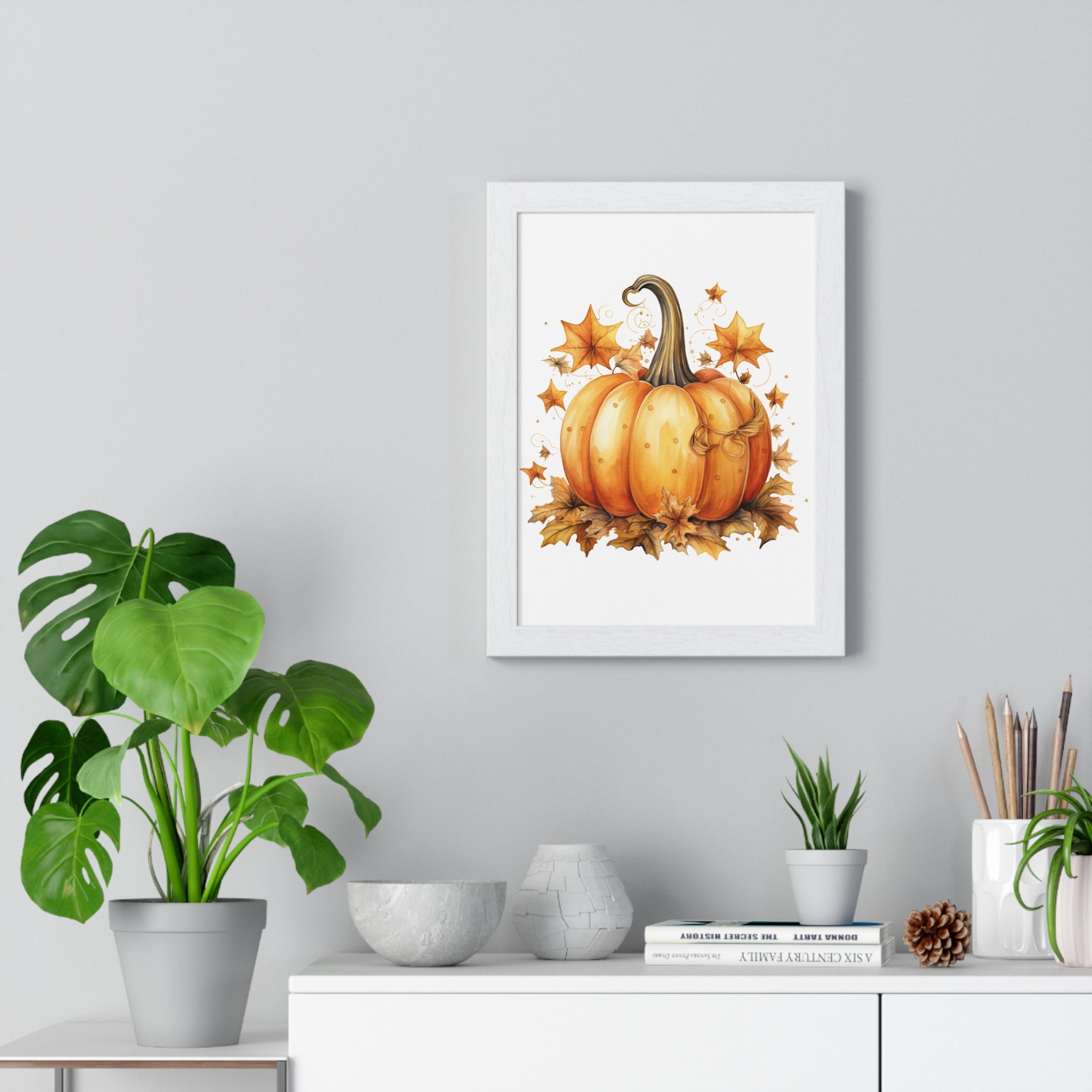 Decorative Autumn Pumpkin Wall Art – Bow-Tied Harvest Poster with Leaves & Swirls | Wooden Frame Fall Decor