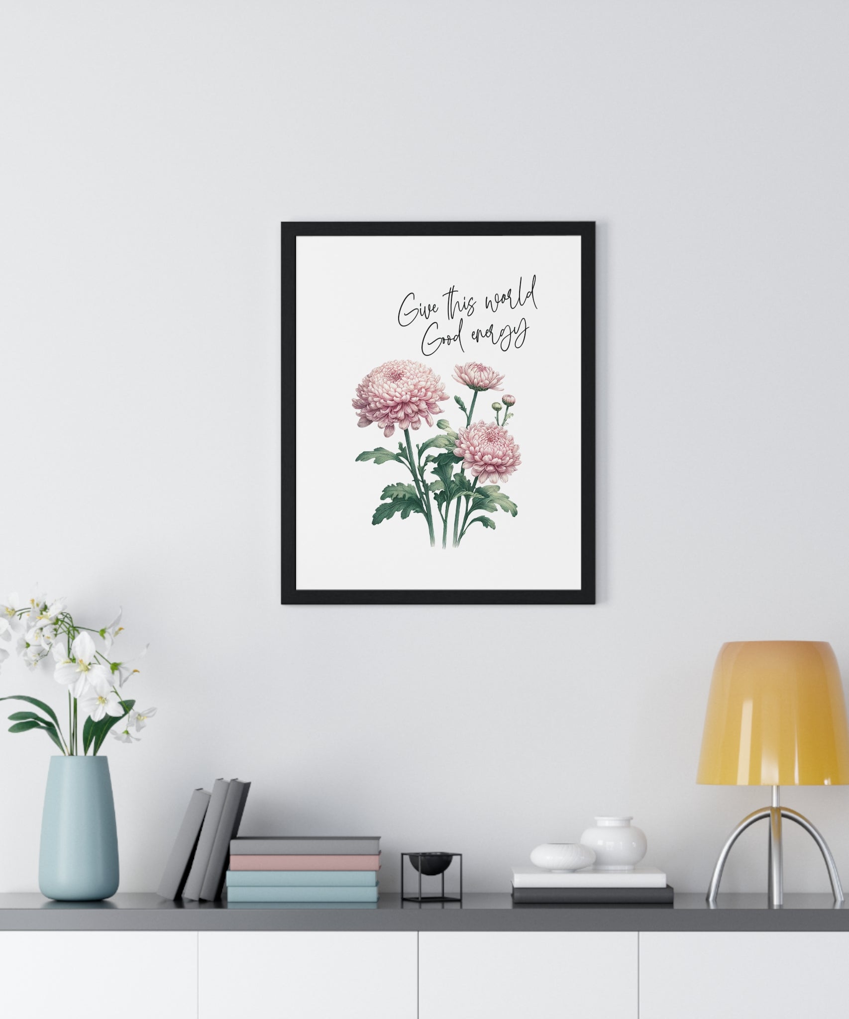 November Birth Month Flower Wall Art – Chrysanthemum Illustration with Inspirational Quote in Wooden Frame | Good Energy & Joy