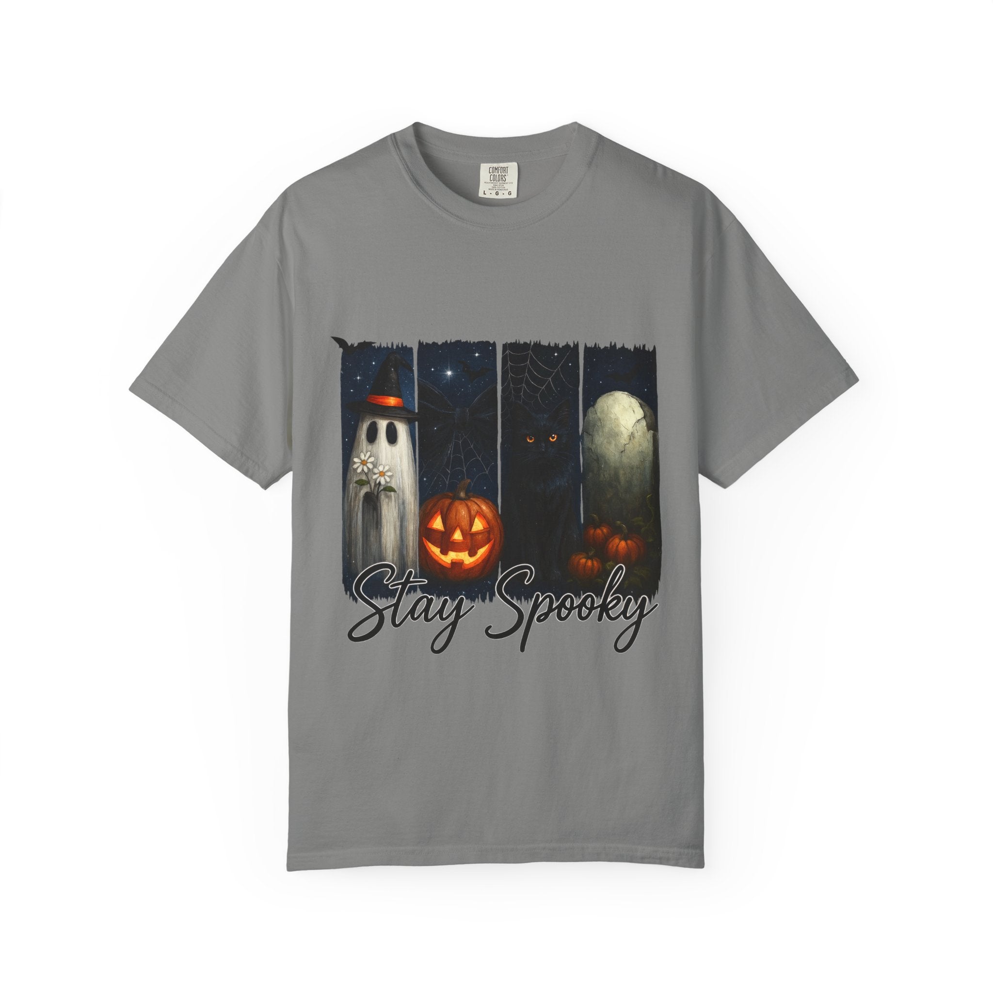 Stay Spooky Halloween T-Shirt – Cute Ghost, Black Cat, Pumpkin & Graveyard Design