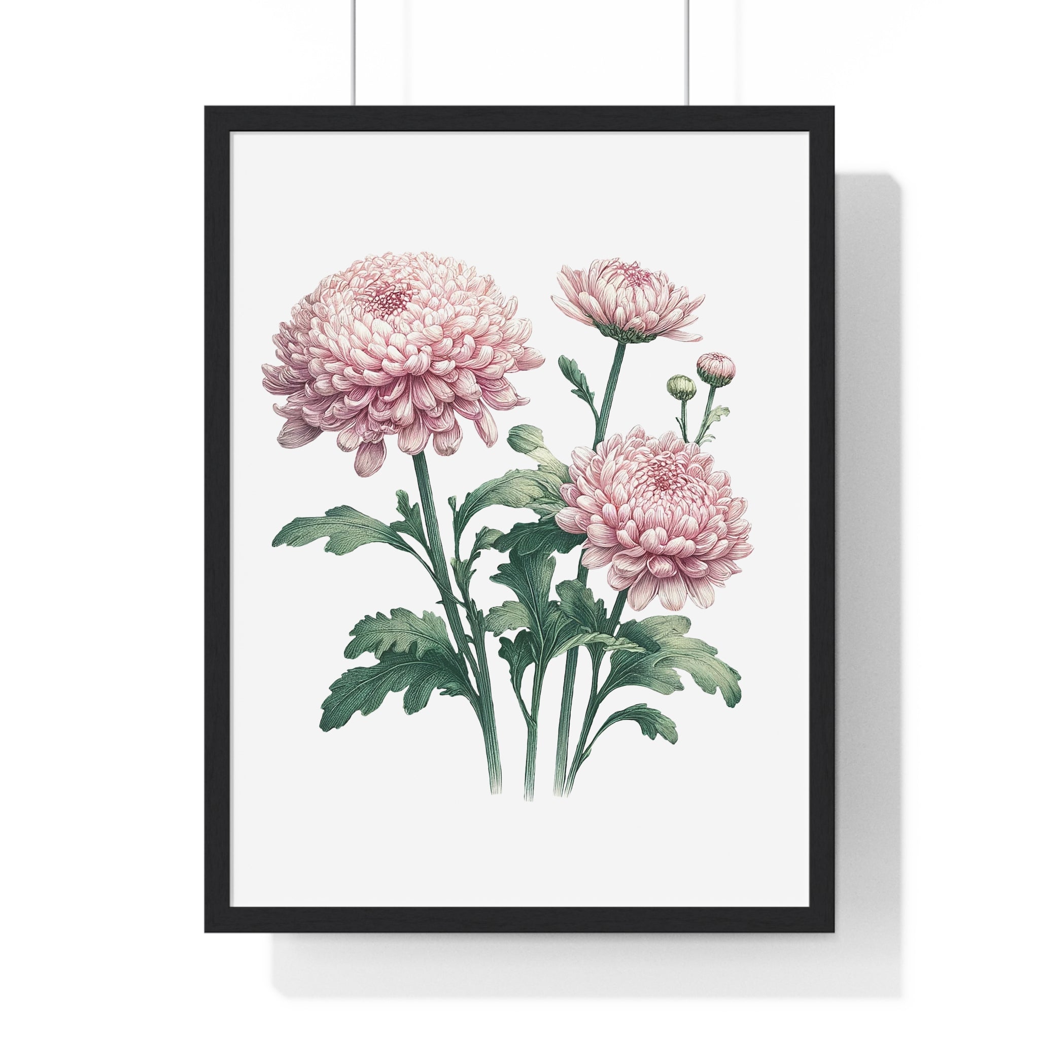 November Birth Month Flower Wall Art – Pink Chrysanthemum Illustration in Wooden Frame | Loyalty, Love & Joy