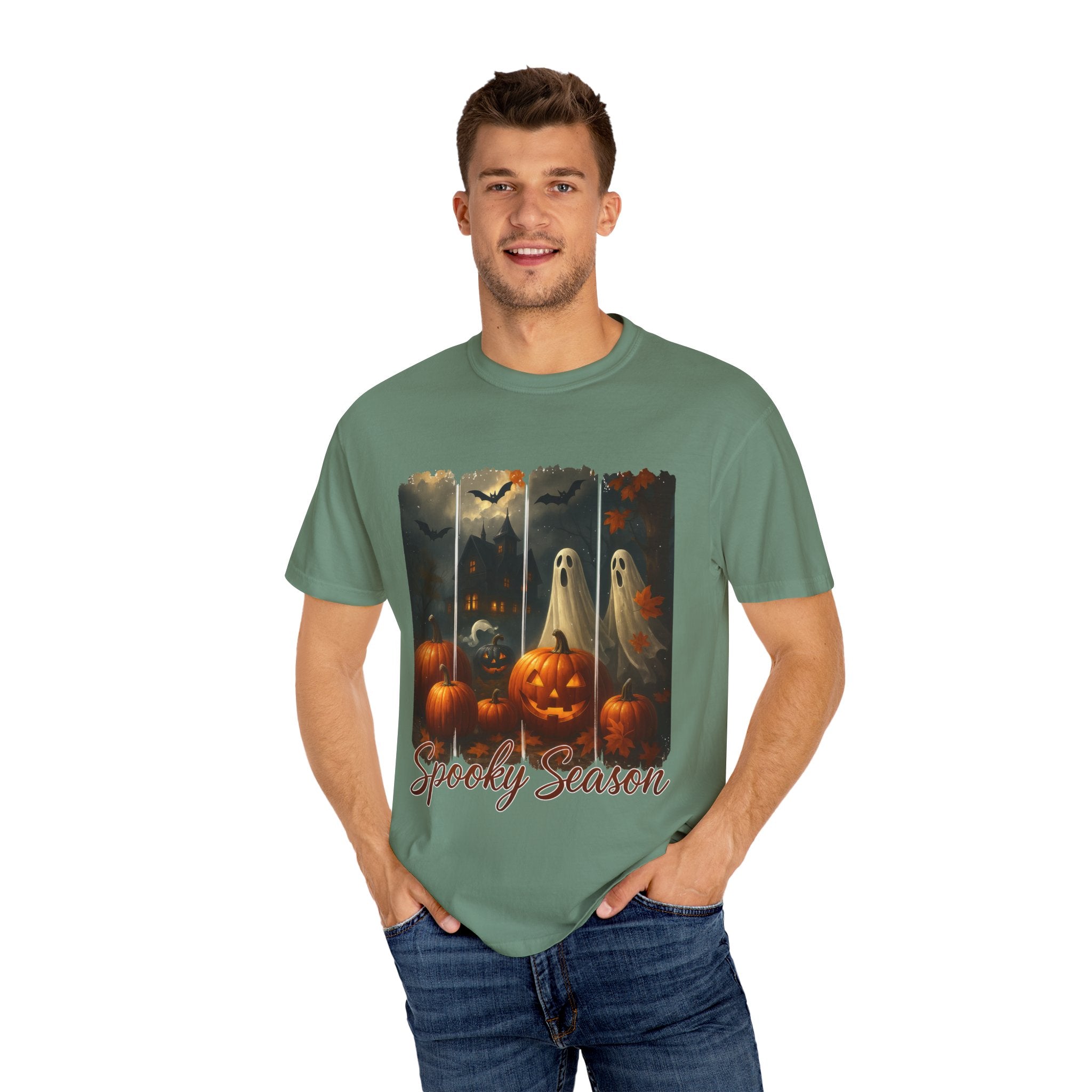 Spooky Season Unisex Halloween T-Shirt – Haunted House, Pumpkins & Ghosts Fall Design