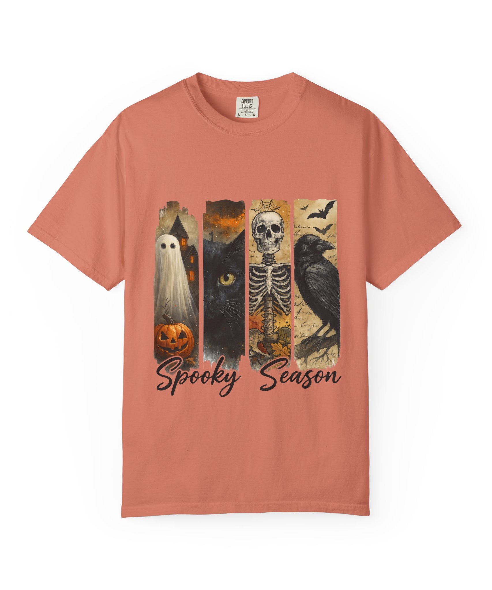 Spooky Season Gothic Halloween T-Shirt – Ghost, Black Cat, Skeleton & Raven Design - Gallory Hive