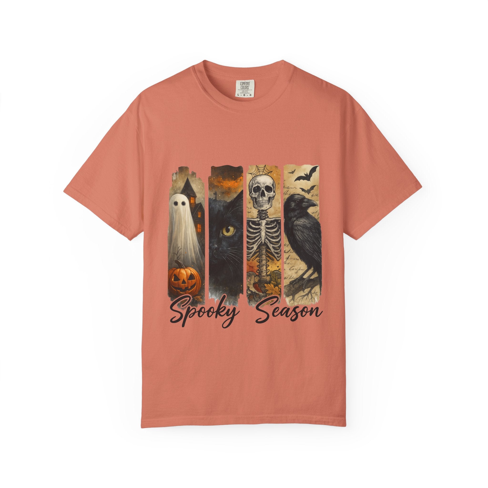 Spooky Season Gothic Halloween T-Shirt – Ghost, Black Cat, Skeleton & Raven Design
