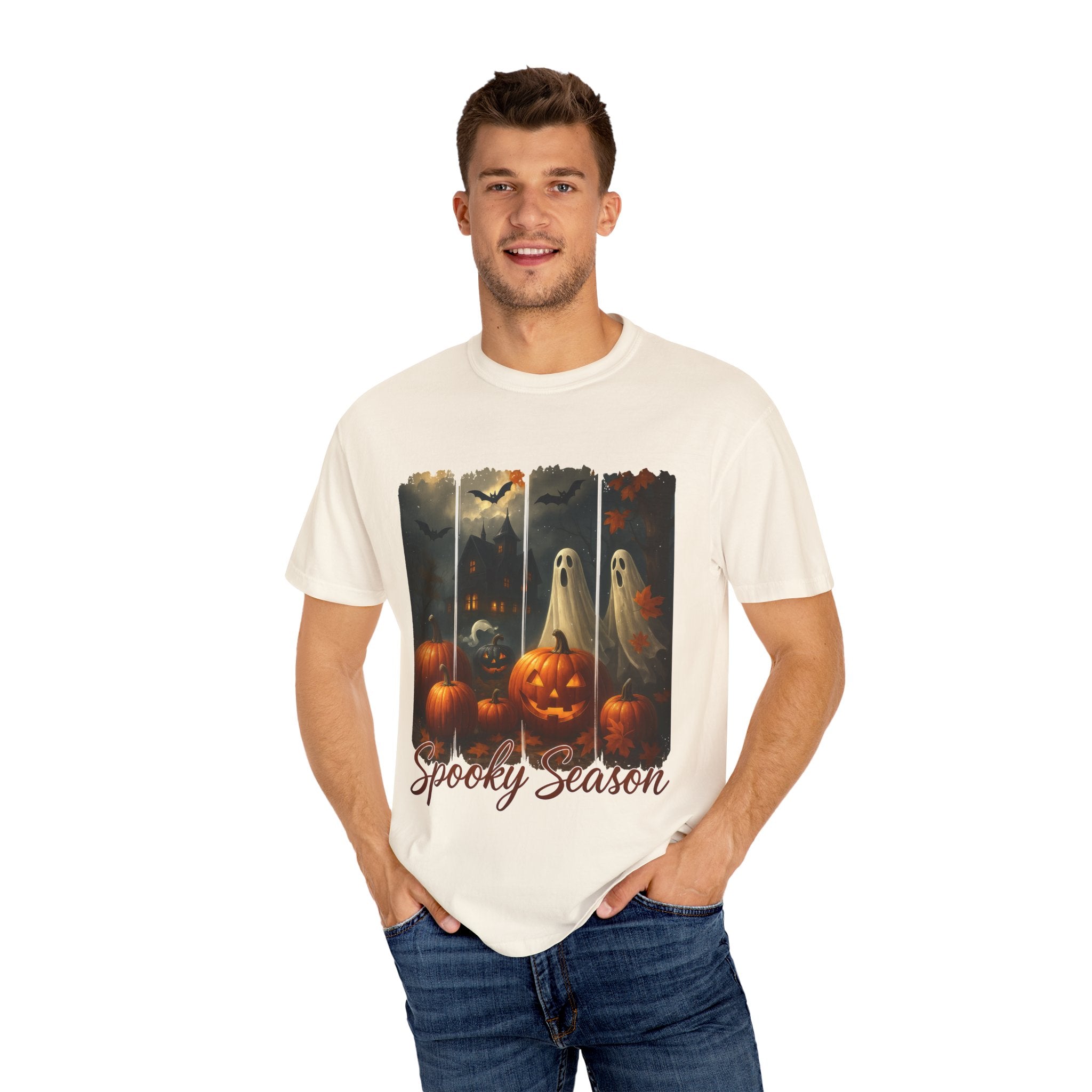 Spooky Season Unisex Halloween T-Shirt – Haunted House, Pumpkins & Ghosts Fall Design
