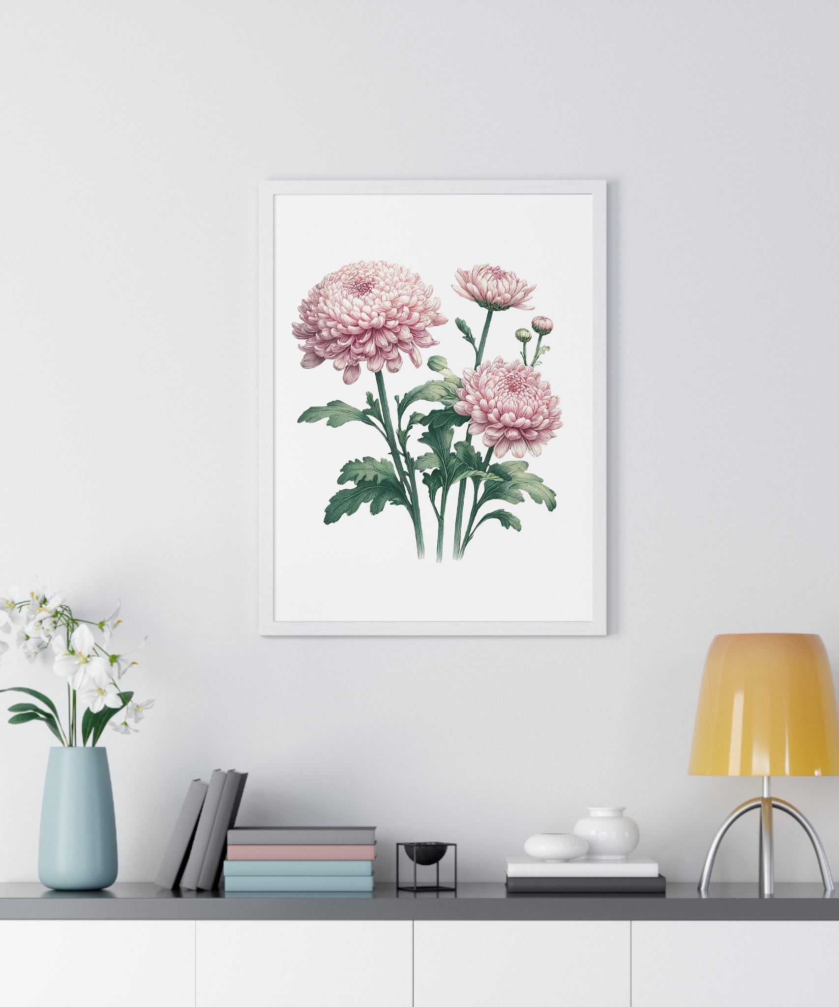 November Birth Month Flower Wall Art – Pink Chrysanthemum Illustration in Wooden Frame | Loyalty, Love & Joy