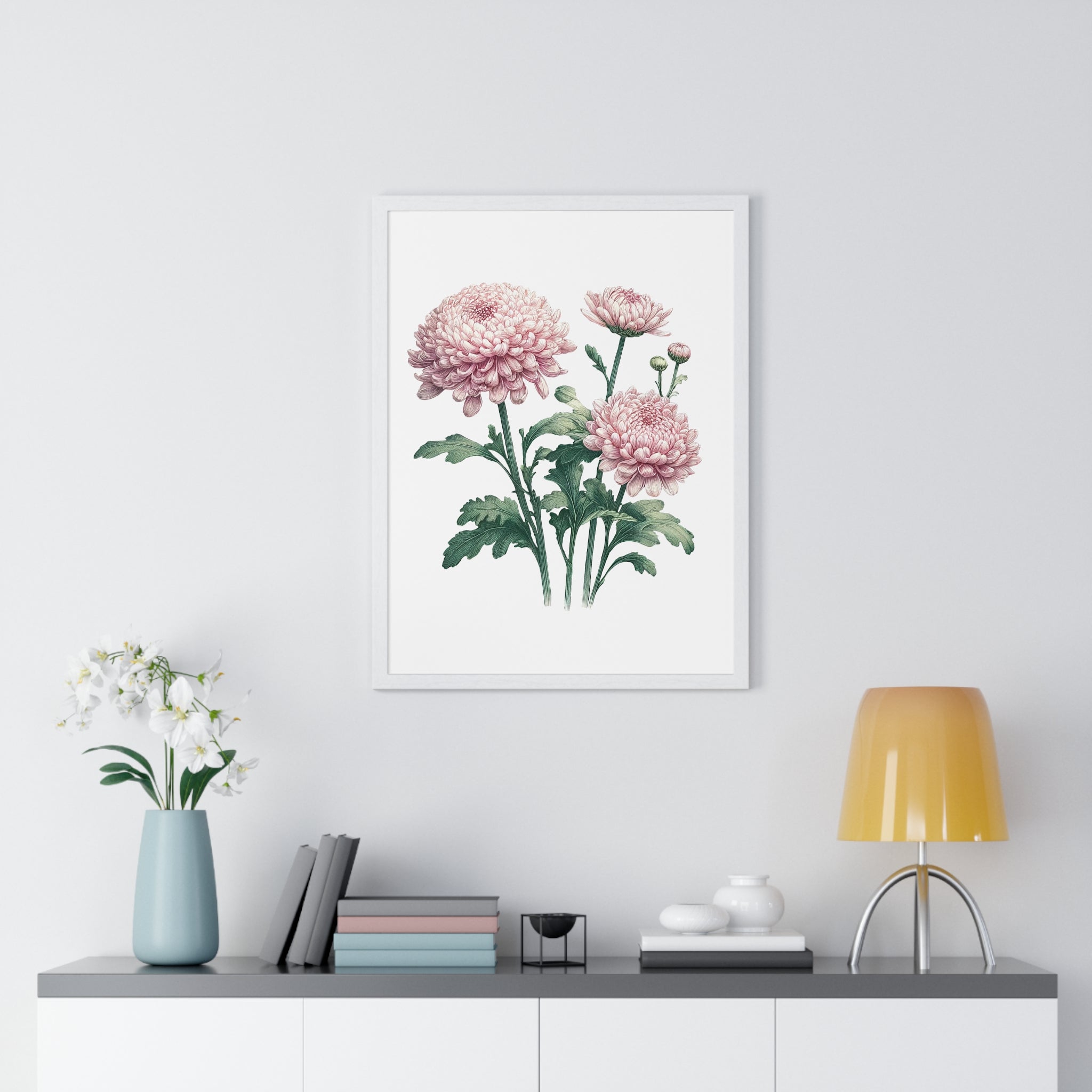 November Birth Month Flower Wall Art – Pink Chrysanthemum Illustration in Wooden Frame | Loyalty, Love & Joy