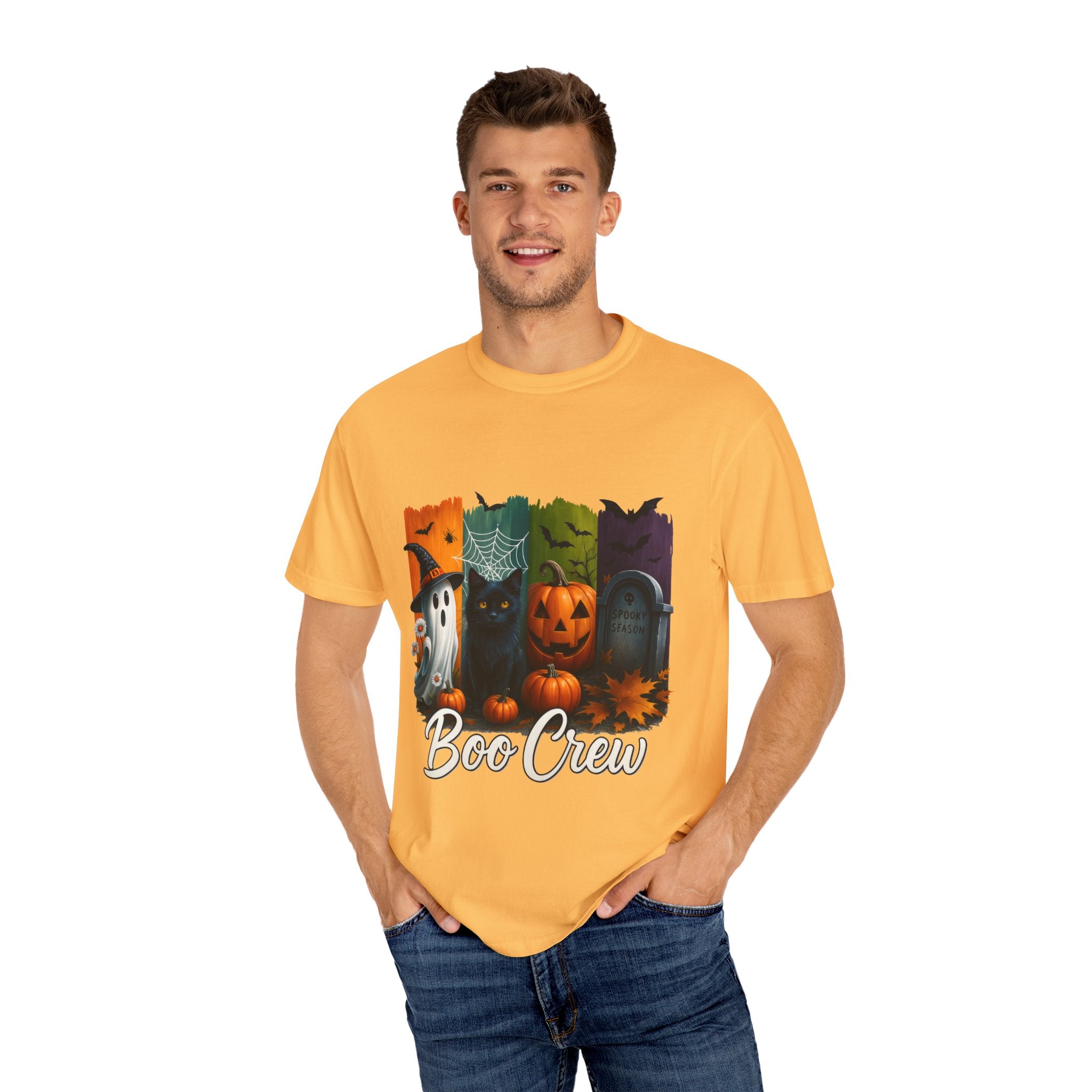 Boo Crew Halloween Unisex T-Shirt – Cute Ghost, Black Cat, Pumpkin & Tombstone Design