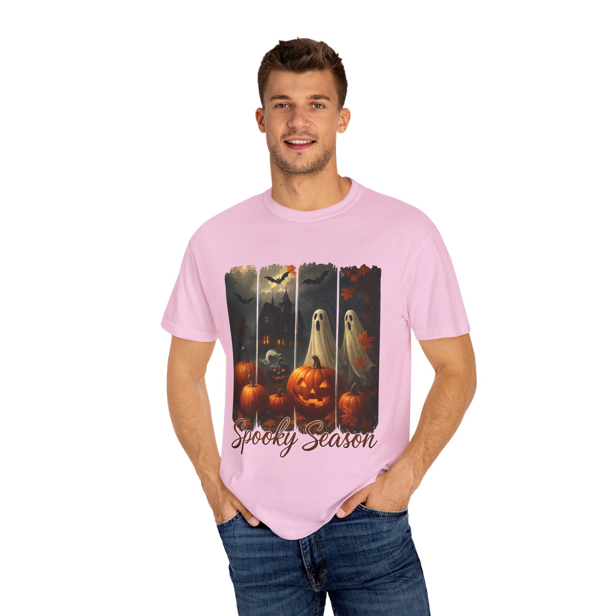 Spooky Season Unisex Halloween T-Shirt – Haunted House, Pumpkins & Ghosts Fall Design