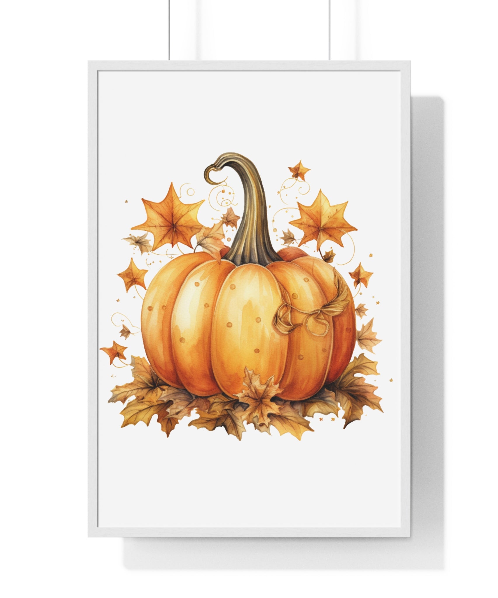 Decorative Autumn Pumpkin Wall Art – Bow-Tied Harvest Poster with Leaves & Swirls | Wooden Frame Fall Decor