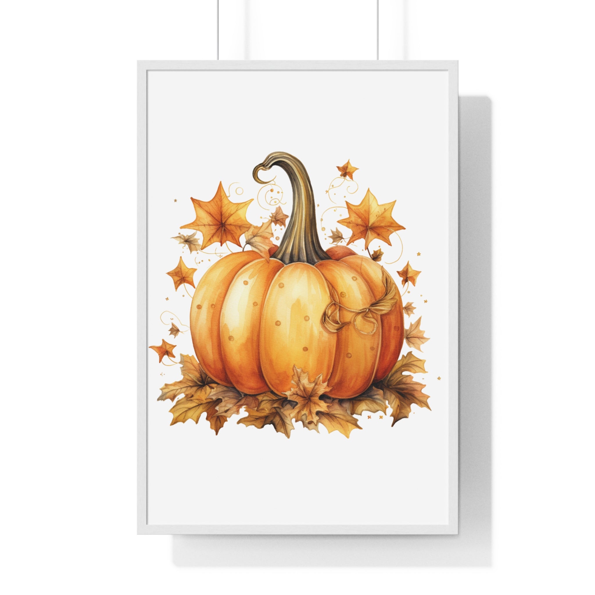 Decorative Autumn Pumpkin Wall Art – Bow-Tied Harvest Poster with Leaves & Swirls | Wooden Frame Fall Decor