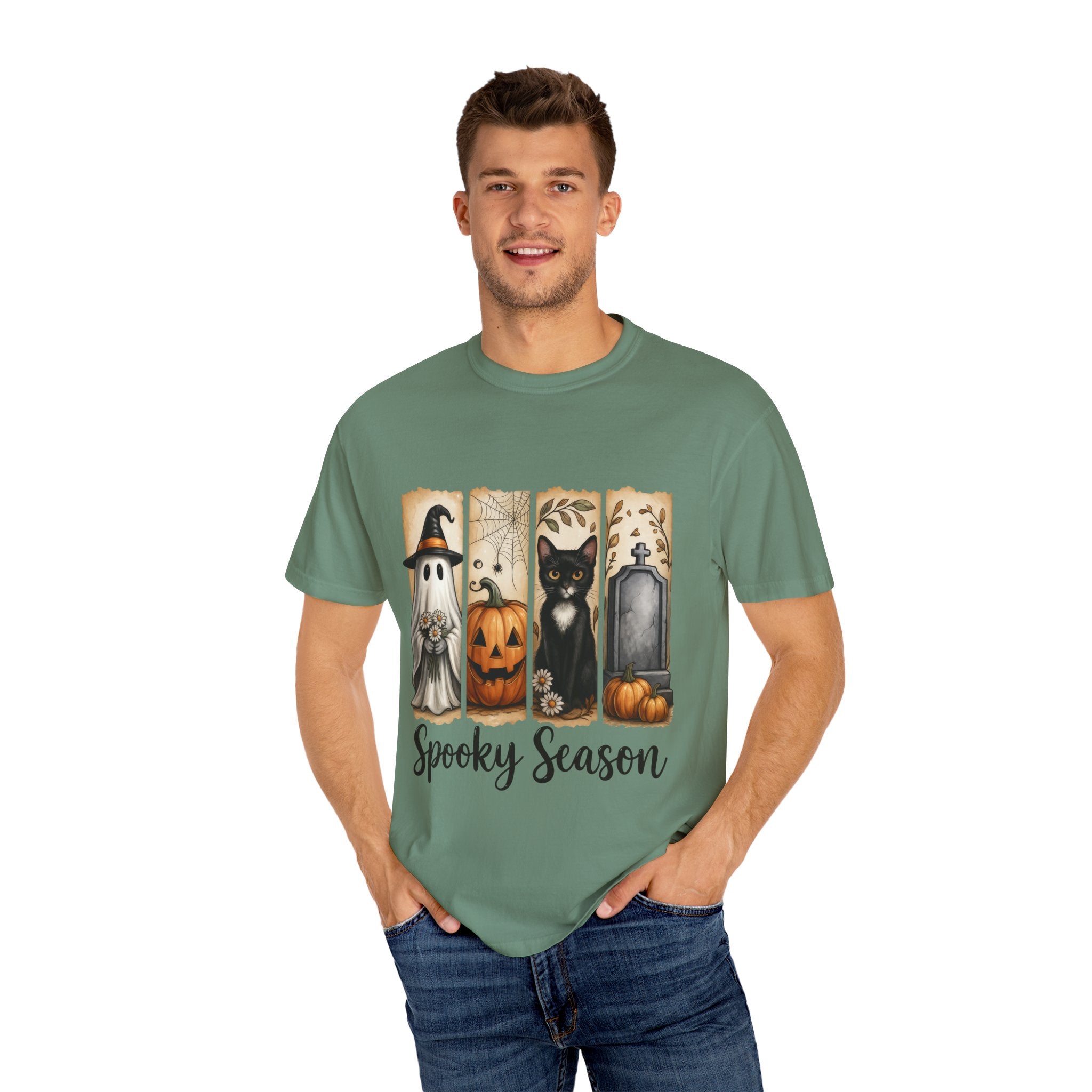 Spooky Season Halloween Unisex T-Shirt – Ghost, Cat & Pumpkin Design