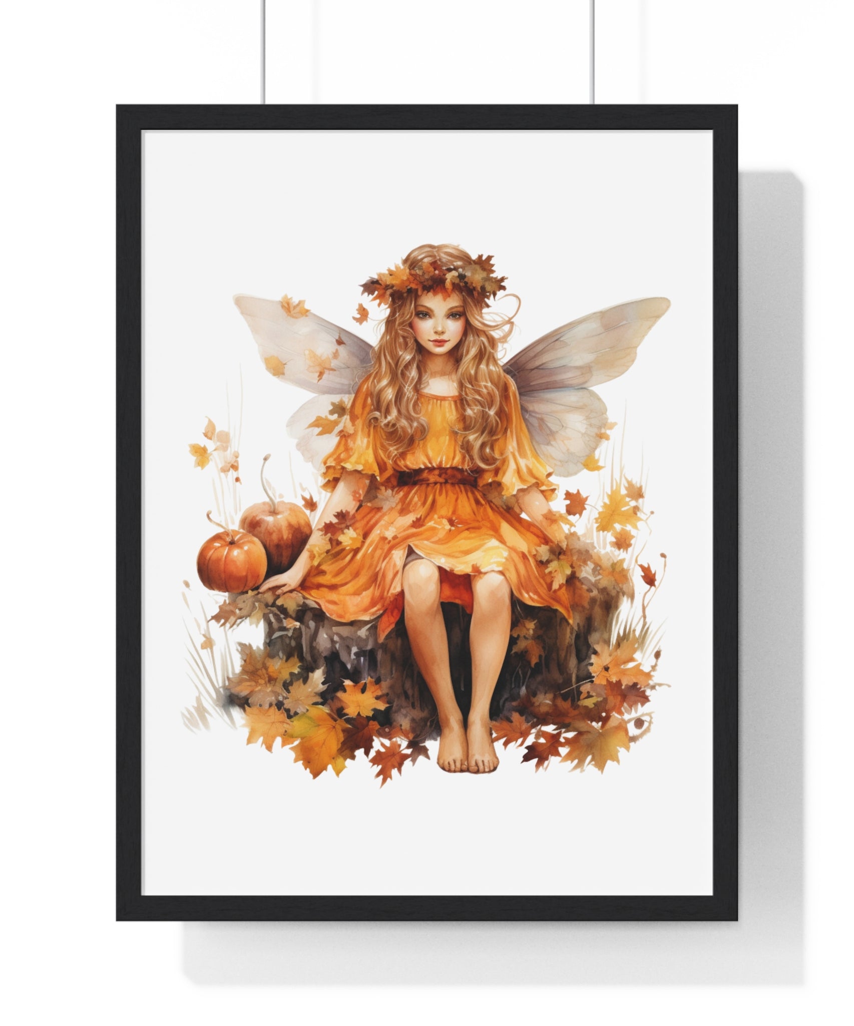 Fall Fairy Wall Art – Orange Dress Woodland Fairy with Pumpkins | Wooden Frame Poster for Autumn Home Decor