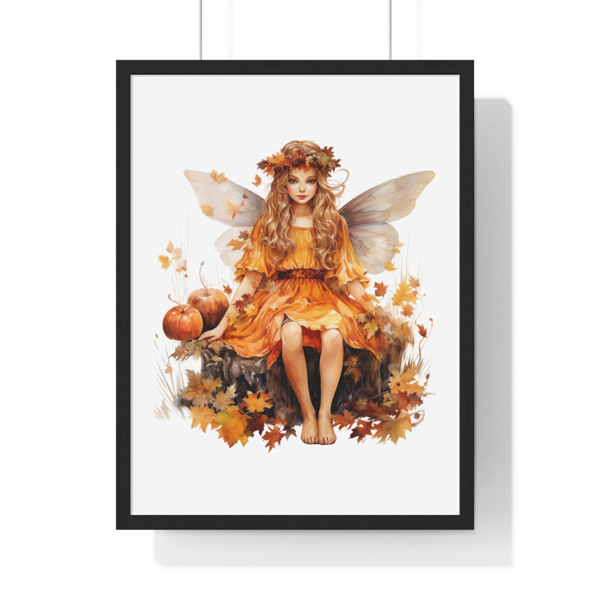 Fall Fairy Wall Art – Orange Dress Woodland Fairy with Pumpkins | Wooden Frame Poster for Autumn Home Decor