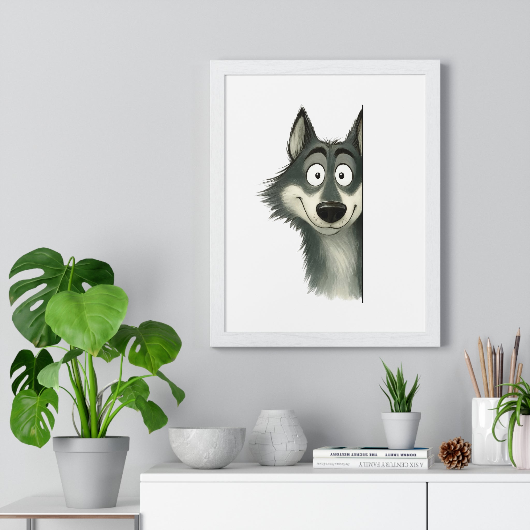 Wooden Frame Wall Decor with Playful Wolf Print