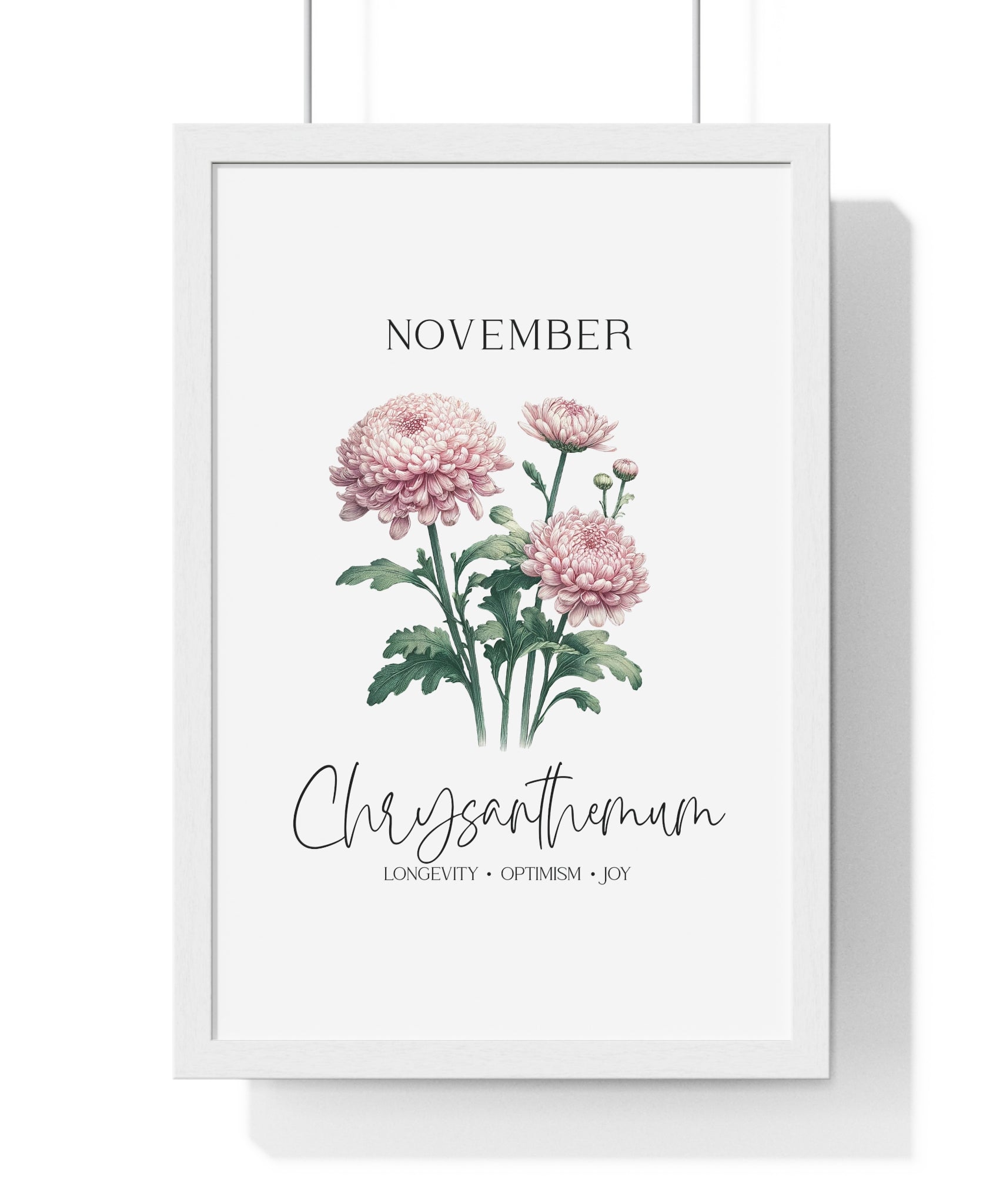 November Birth Month Flower Wall Art – Chrysanthemum Illustration in Wooden Frame | Longevity, Optimism & Joy