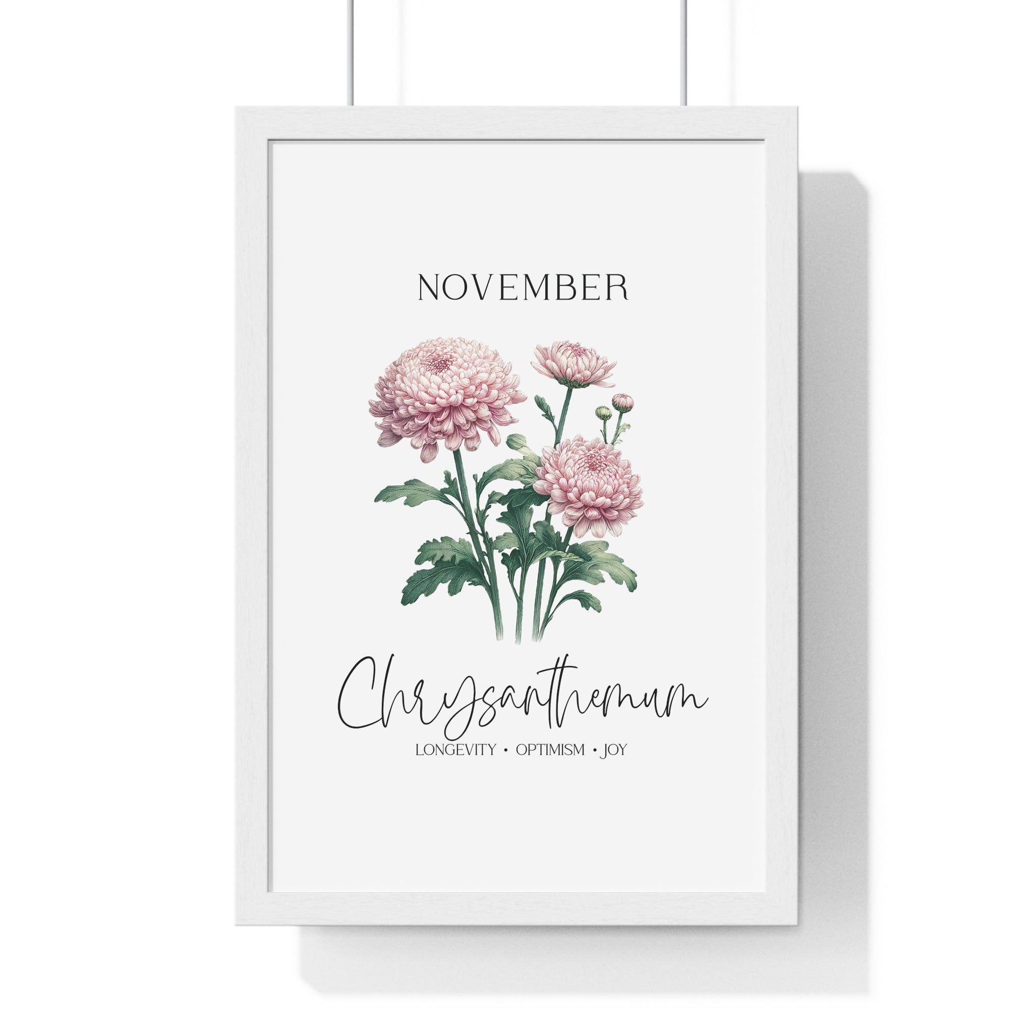 November Birth Month Flower Wall Art – Chrysanthemum Illustration in Wooden Frame | Longevity, Optimism & Joy
