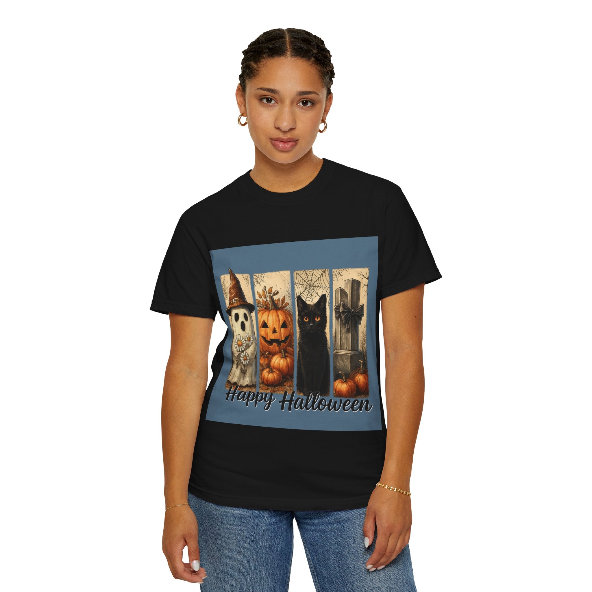 Happy Halloween Unisex T-Shirt – Ghost, Black Cat & Pumpkin Graphic Tee