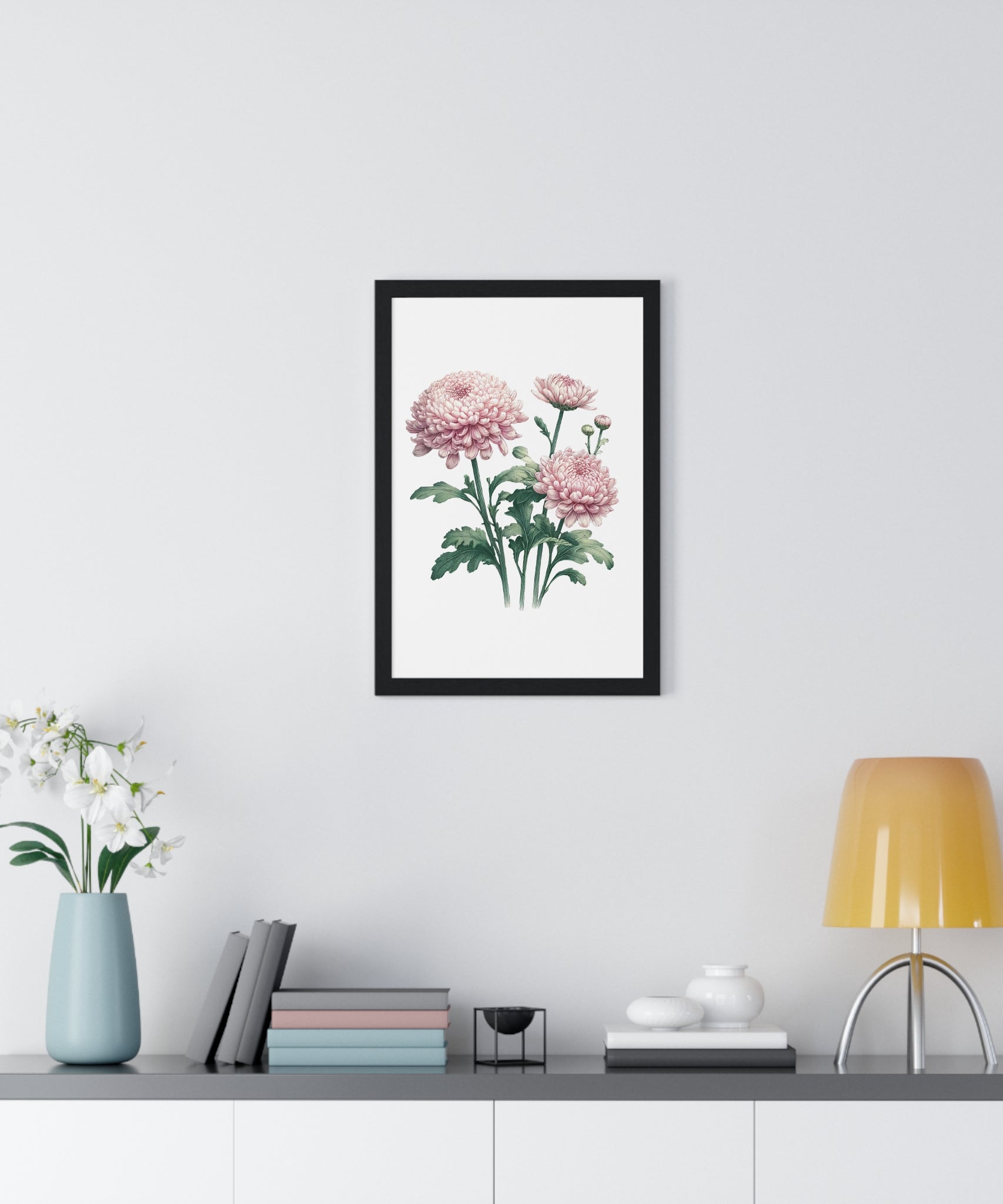 November Birth Month Flower Wall Art – Pink Chrysanthemum Illustration in Wooden Frame | Loyalty, Love & Joy