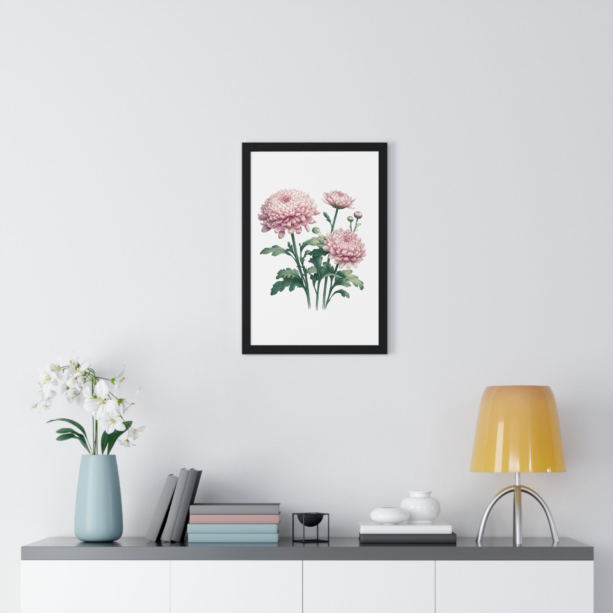 November Birth Month Flower Wall Art – Pink Chrysanthemum Illustration in Wooden Frame | Loyalty, Love & Joy