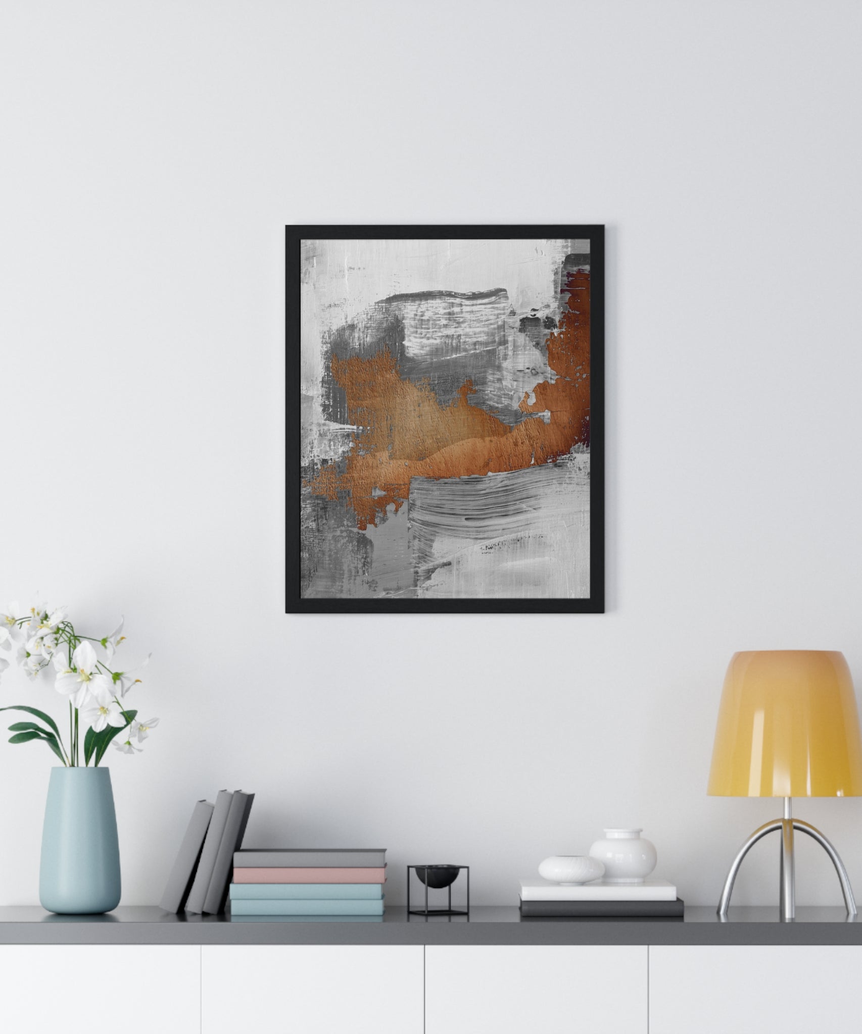 Textured Abstract Wall Art – Grey, Copper & White Modern Brushstroke Poster on Wooden Frame