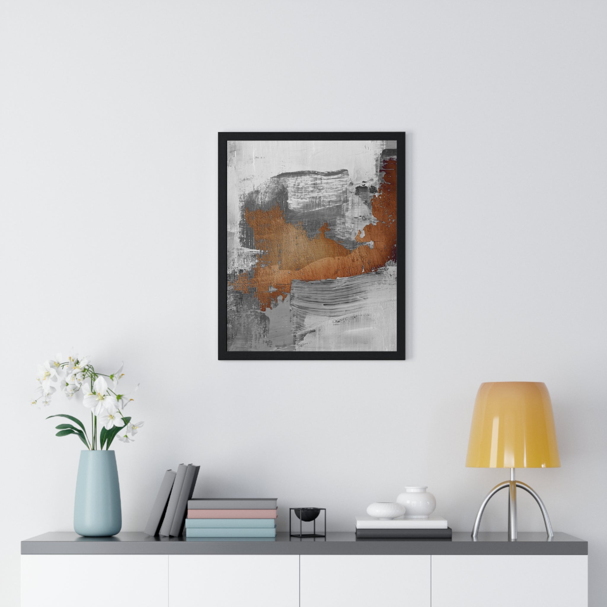 Textured Abstract Wall Art – Grey, Copper & White Modern Brushstroke Poster on Wooden Frame
