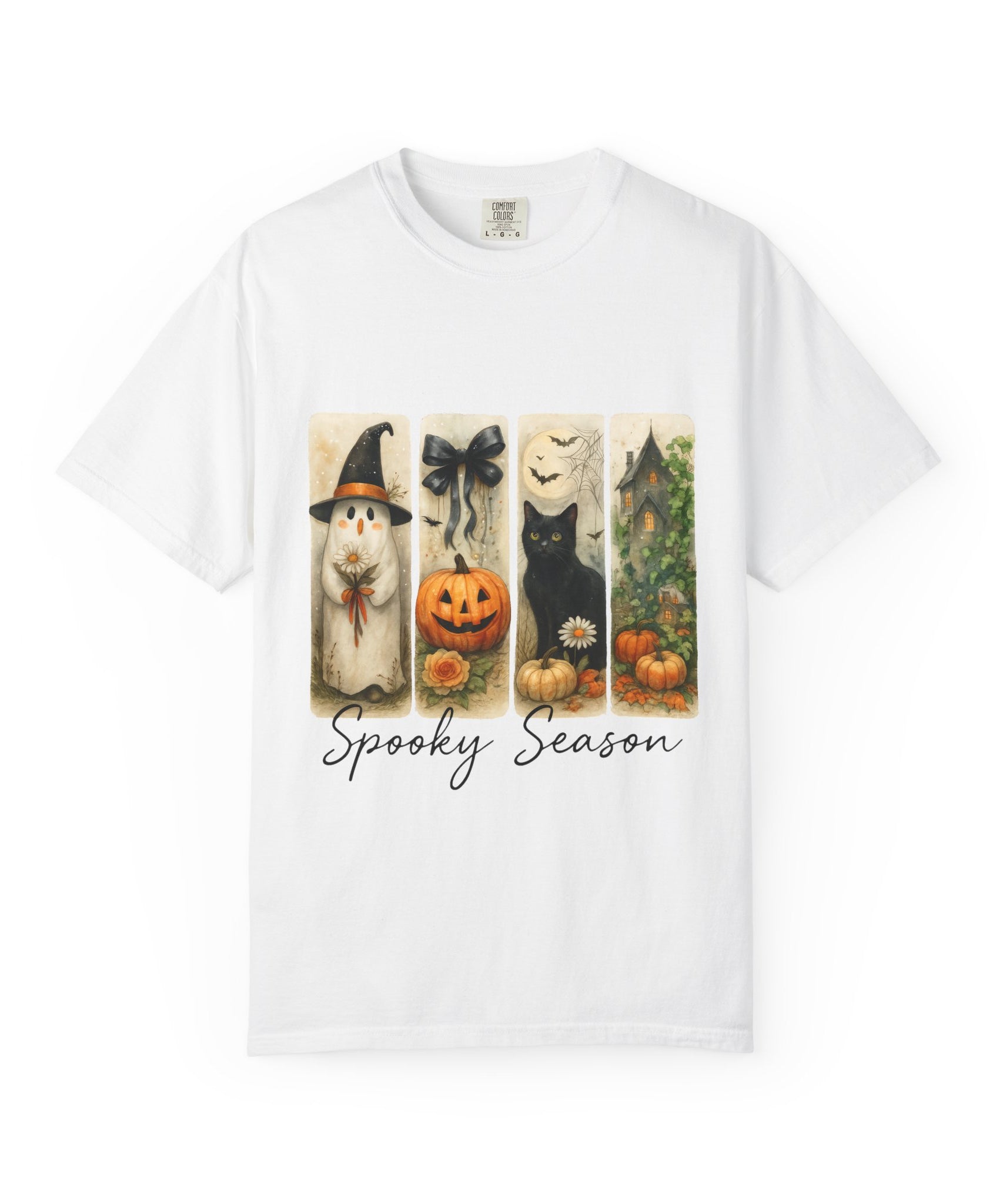 Vintage Halloween Unisex T-Shirt – Cute Ghost, Black Cat, Pumpkin & Haunted House Art - Gallory Hive