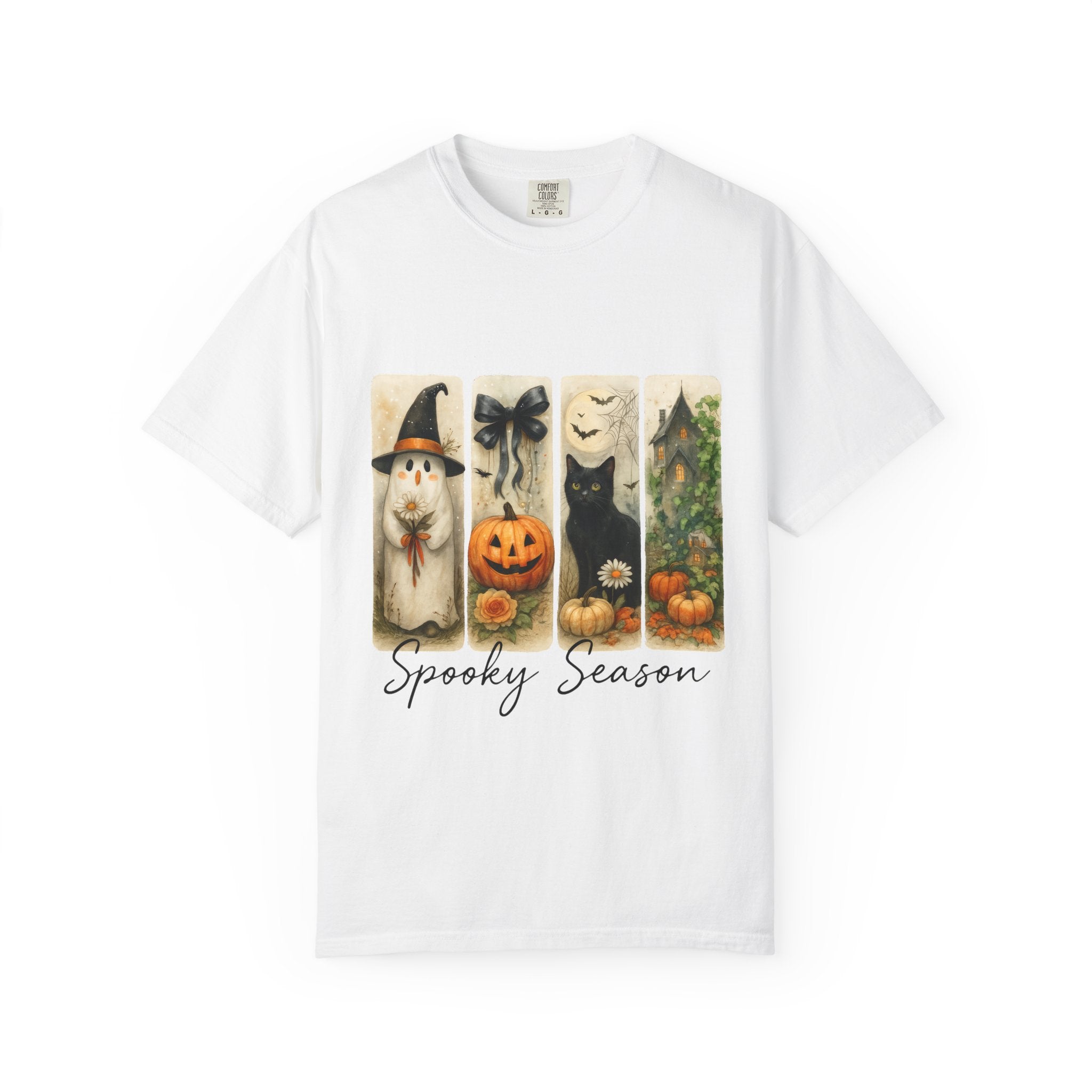 Vintage Halloween Unisex T-Shirt – Cute Ghost, Black Cat, Pumpkin & Haunted House Art - Gallory Hive