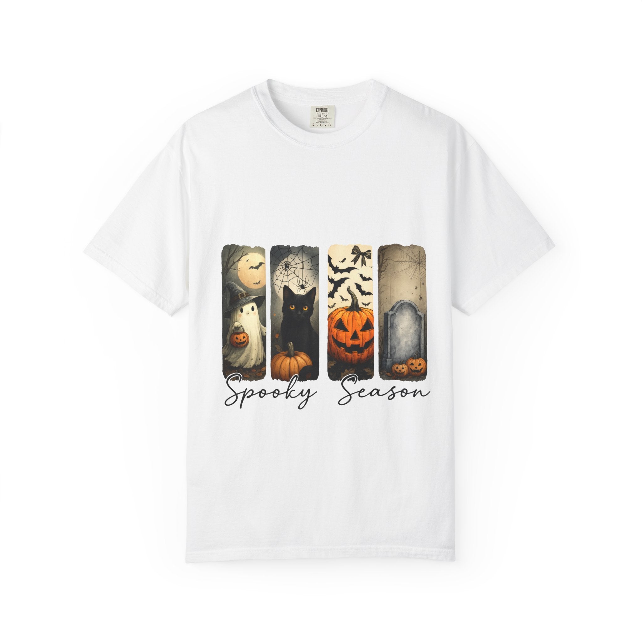 Halloween Night Unisex T-Shirt – Ghost, Black Cat, Pumpkin & Tombstone Vintage Art