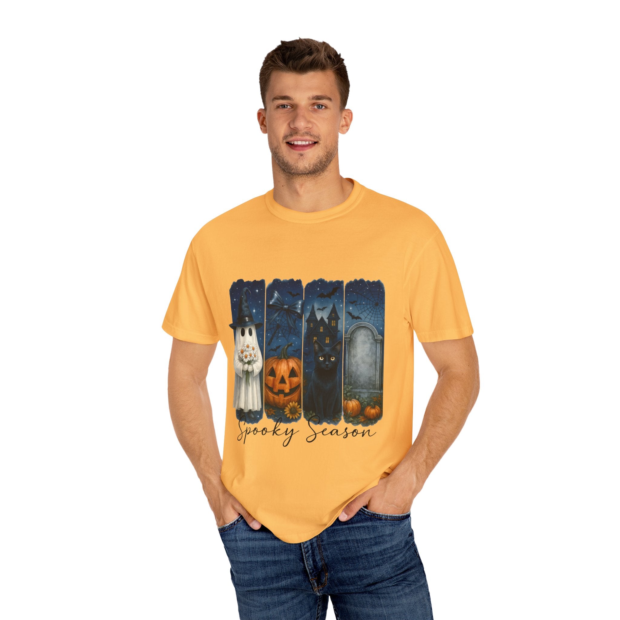 Spooky Season Halloween T-Shirt – Ghost, Black Cat, Pumpkin & Haunted House Design