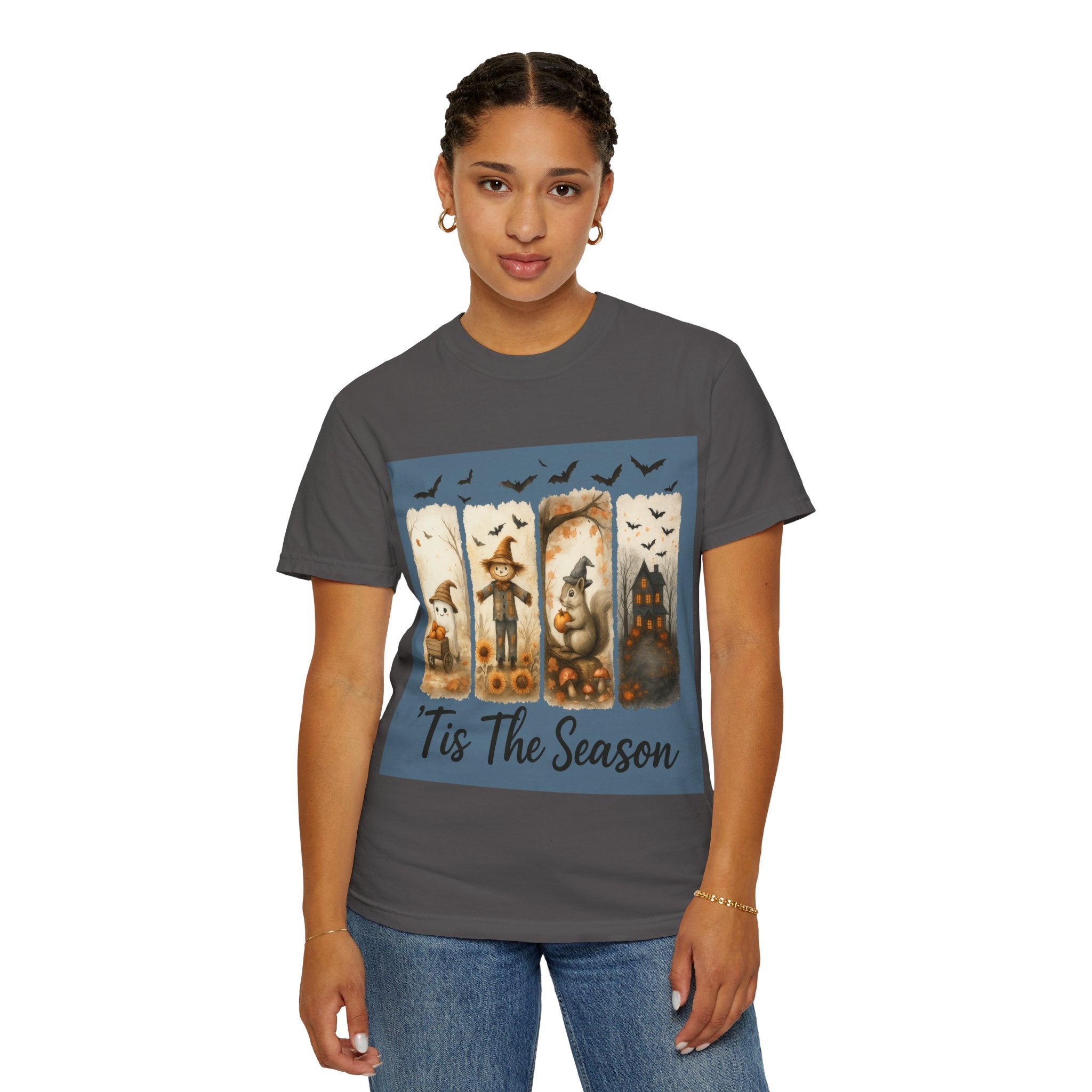Tis The Season Fall Halloween T-Shirt – Cute Ghost, Scarecrow, Squirrel & Haunted House Design