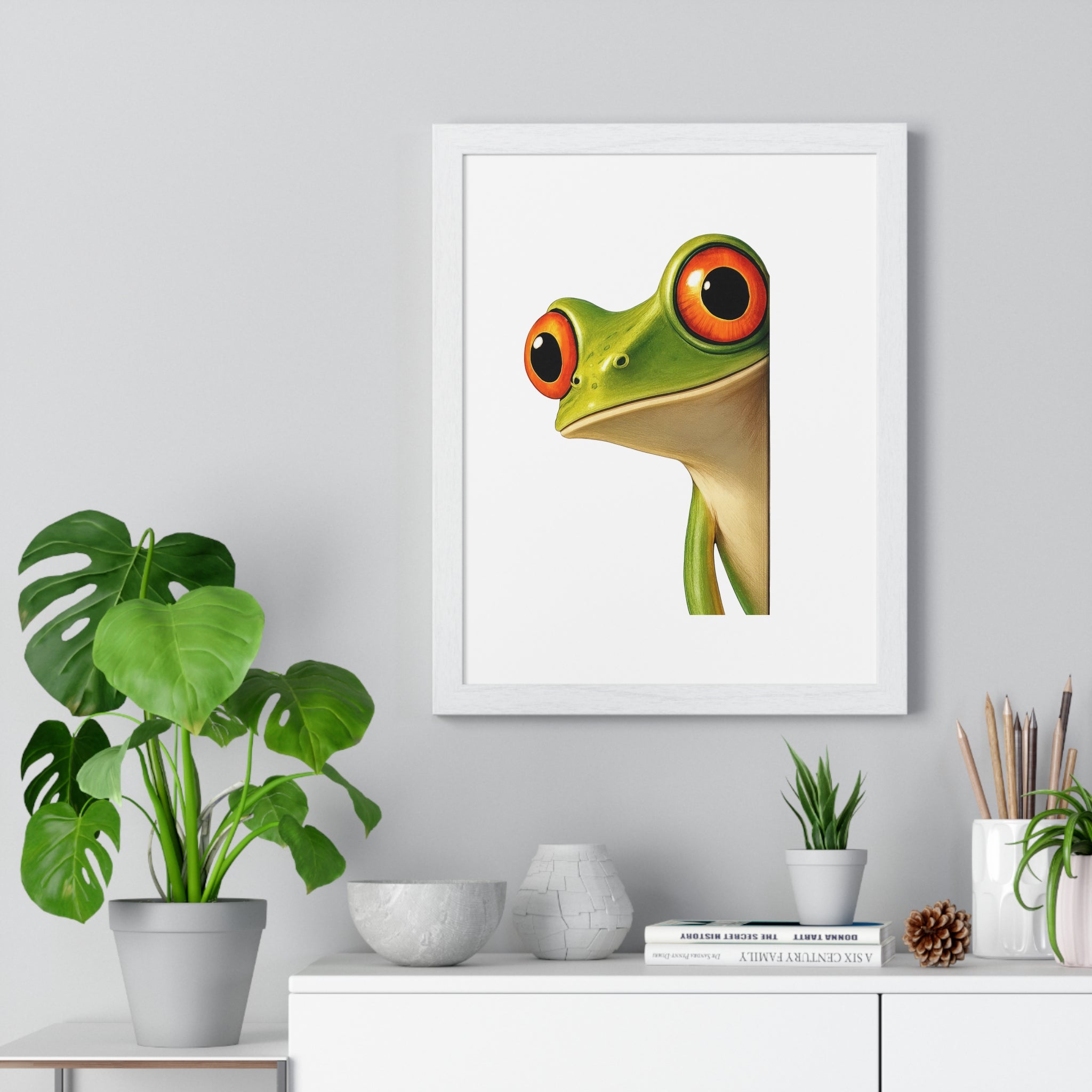 Wide-Eyed Wonder Frog Wooden Wall Frame – Whimsical Peekaboo Art for Nature Lovers & Kids' Spaces