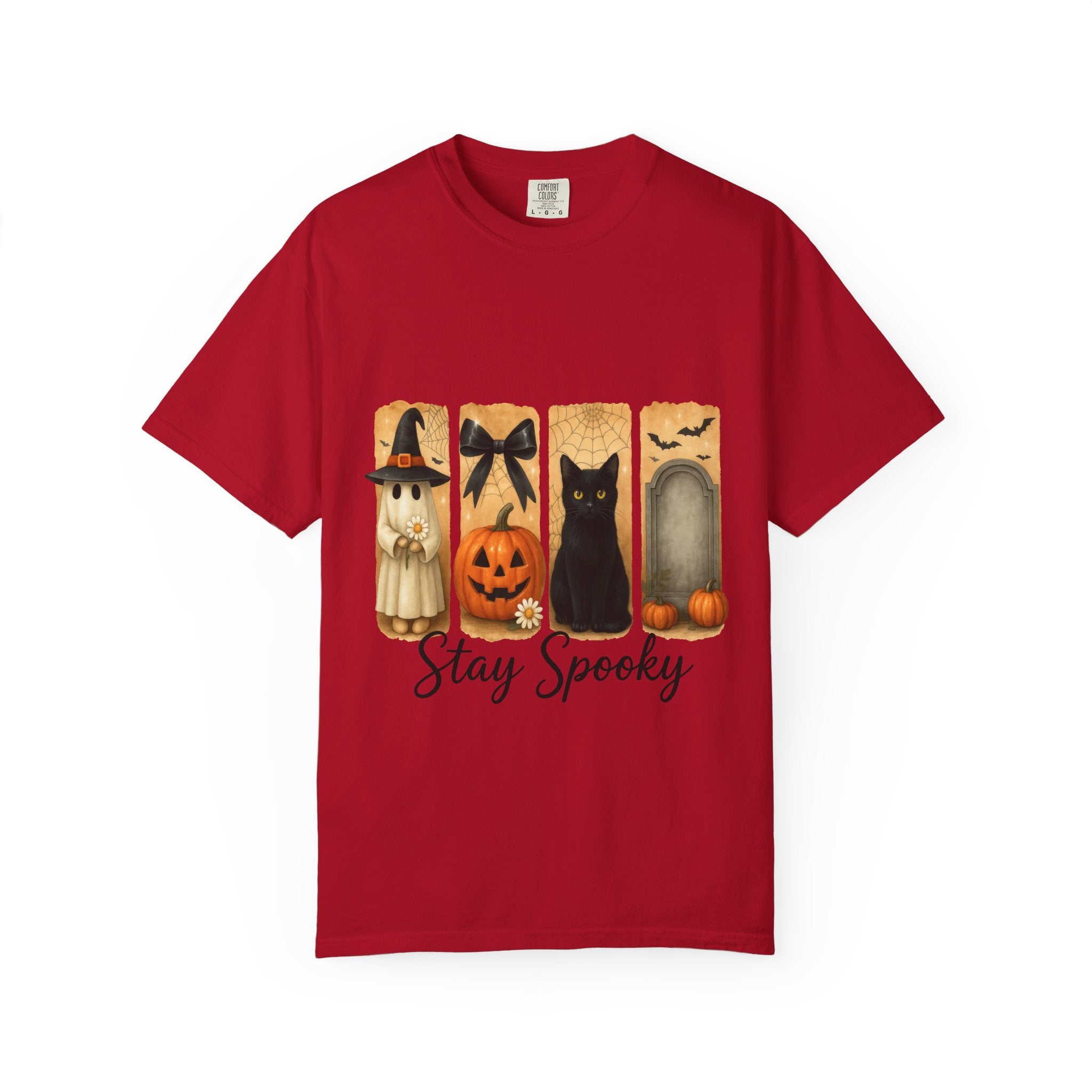 Cute Halloween T-Shirt – Ghost in Witch Hat, Pumpkin, Black Cat & Tombstone Design