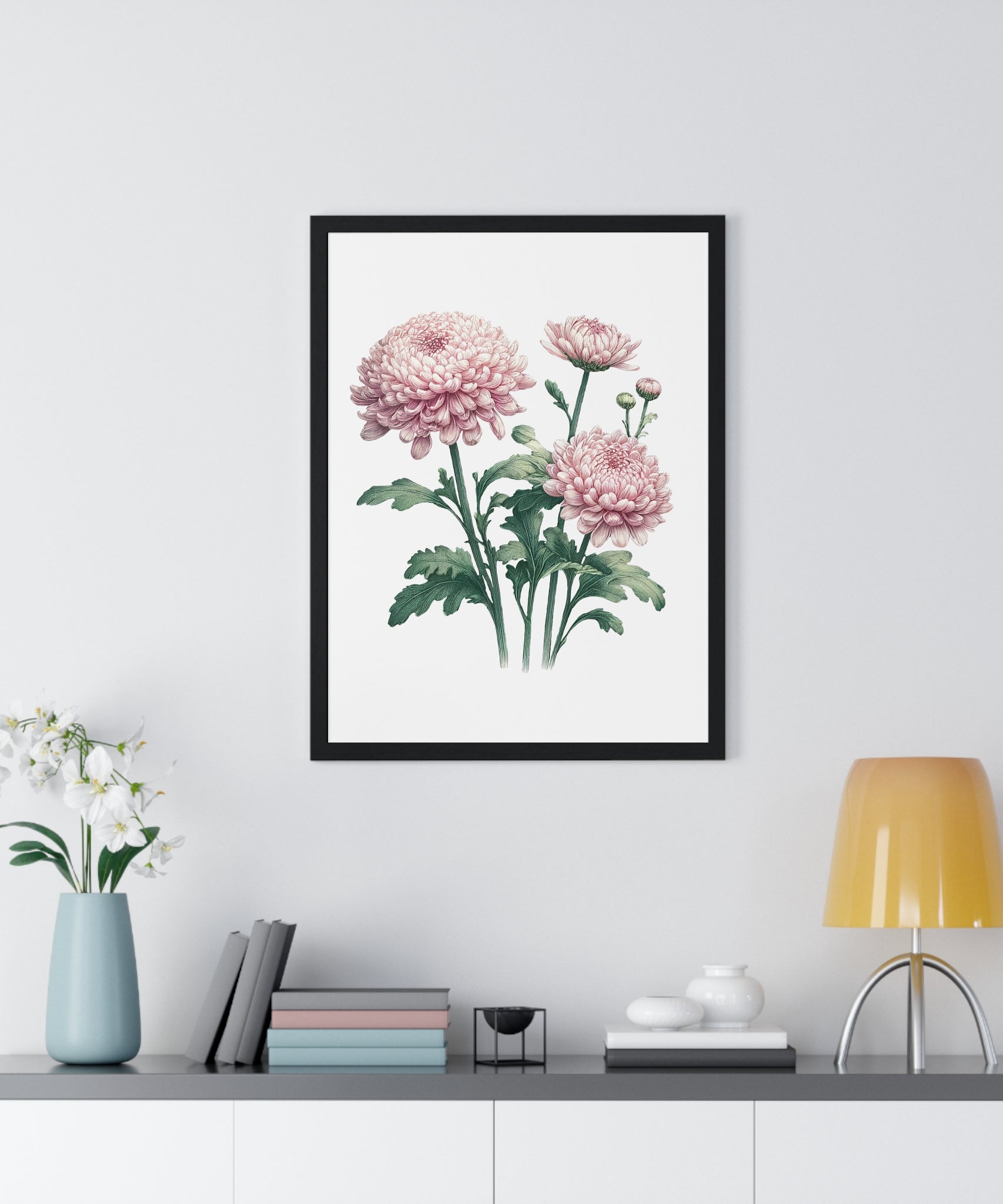 November Birth Month Flower Wall Art – Pink Chrysanthemum Illustration in Wooden Frame | Loyalty, Love & Joy